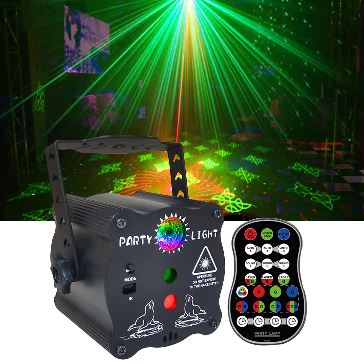 Couvkadl DJ Disco Light, Stage Party Lights, Laser Light Sound Activated RGB Led Flash Strobe Projector with Remote Control for Christmas Birthday Parties - USB Powered