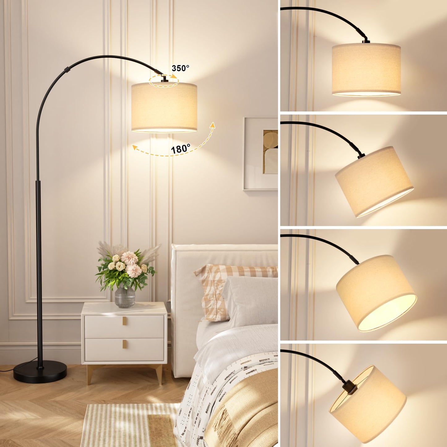 Ambimall 70" Dimmable Arc Floor Lamp with Remote, Color Temperature and Brightness Adjustable, Arched Floor Lamp with Rotating Head, Over Couch Arched Reading Light for Living Room (Beige and Black)