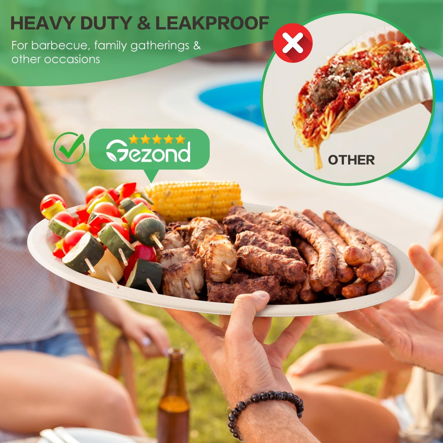 Gezond 100% Compostable Oval Paper Plates 12.5 Inch 50 Pack Large Disposable Heavy-Duty Plates Eco-Friendly Sugarcane Fiber Plates Biodegradable for Party, BBQ and Picnic Whtie