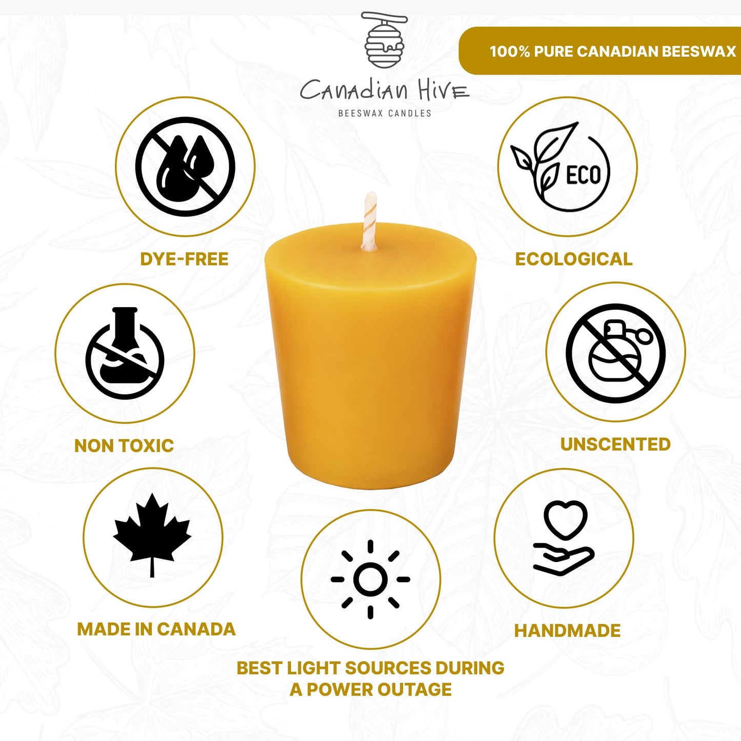 Pure Canadian Beeswax Votives Candles - 6 Pack - Cotton Wicks - Handmade in Canada - Canadian Hive - Meditation and Home Decor, No-Drip, Smoke-Less, Dye-Free - Votives Candle Set