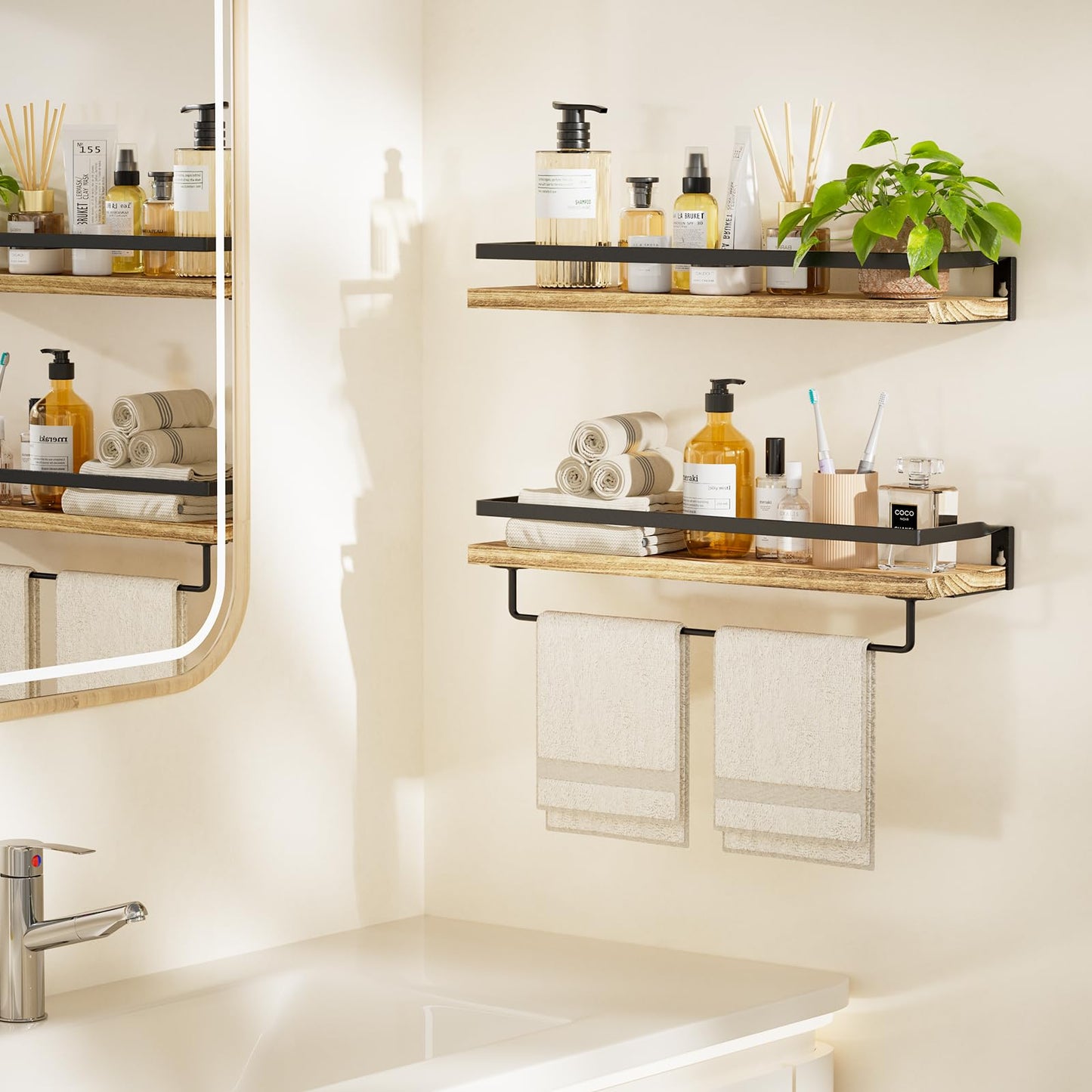 AMADA HOMEFURNISHING Rustic Floating Shelves Wall Mounted, Solid Metal with Removable Towel Holder, Wall Shelf Set of 2, 18kg Weight Capability, Storage Shelves for Kitchen, Bathroom,Laundry room etc