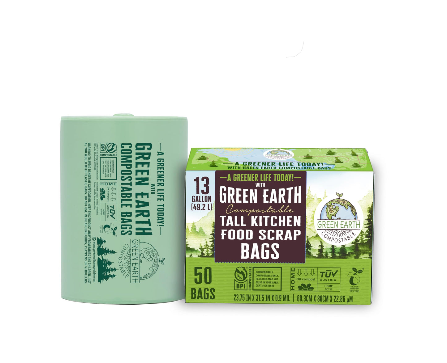 Green Earth Compostable Tall Kitchen Food Scrap Waste Bags, 13 Gallon, 49 Liter, 50-Count, Superior Strength 0.9 Mil Thickness, ASTM D6400, US BPI & Europe OK Compost Home Certified, USA