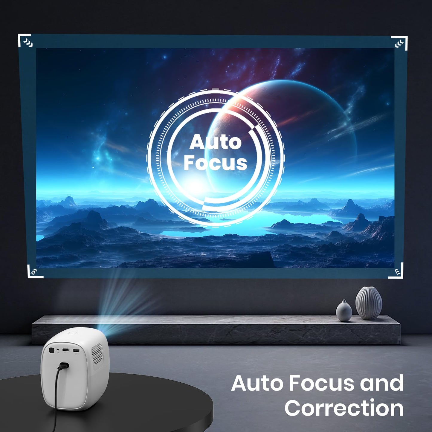 [Auto Focus/Built-in Apps] Mini Projector with WiFi and Bluetooth 4K 1080P Native Projector with Apps and Android TV OS, Auto Correction, Stereo Speaker, Black Portable Projector, White
