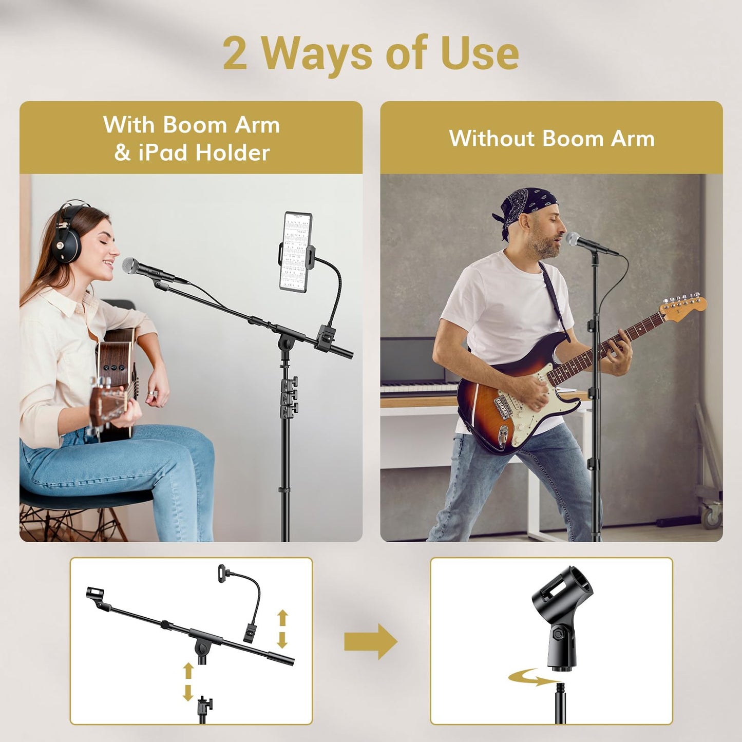 TONOR Mic Stand, Microphone Stand with Tablet Holder, Tripod Boom Arm for Floor, Adjustable Height and Angle, Heavy Duty DJ Stand with Carrying Bag, Phone and iPad Clamp