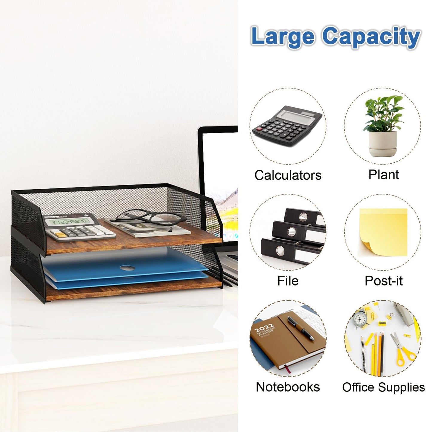 Natwind 2-Tier Wooden Stackable Paper Tray, Metal Mesh Desktop Organizer, Paper Sorter, Letter Trays,File Document Storage Rack for for Home, Office, School (Retro)