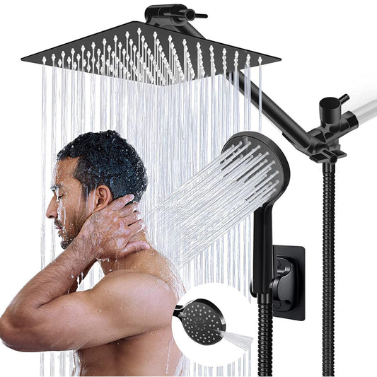 10 Inch Matte Black Rainfall Handheld Shower Head Combo Set GIFTQOOL High Pressure 5 Modes Dual Shower Head with Adjustable Rain Extension Arm, Hose, Holder Pomme De Douche