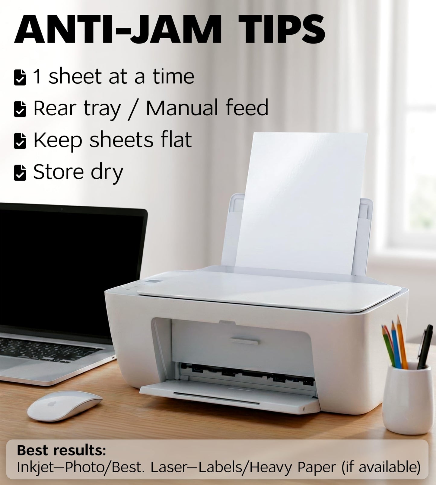 Premium Printable Vinyl Sticker Paper for Inkjet Printer and Laser - 50 White Matte Sticker Paper Waterproof - Durability Adhesive Paper 8.5 x 11, Fast Dry, Holds Ink Well, Great for Cutting Machines