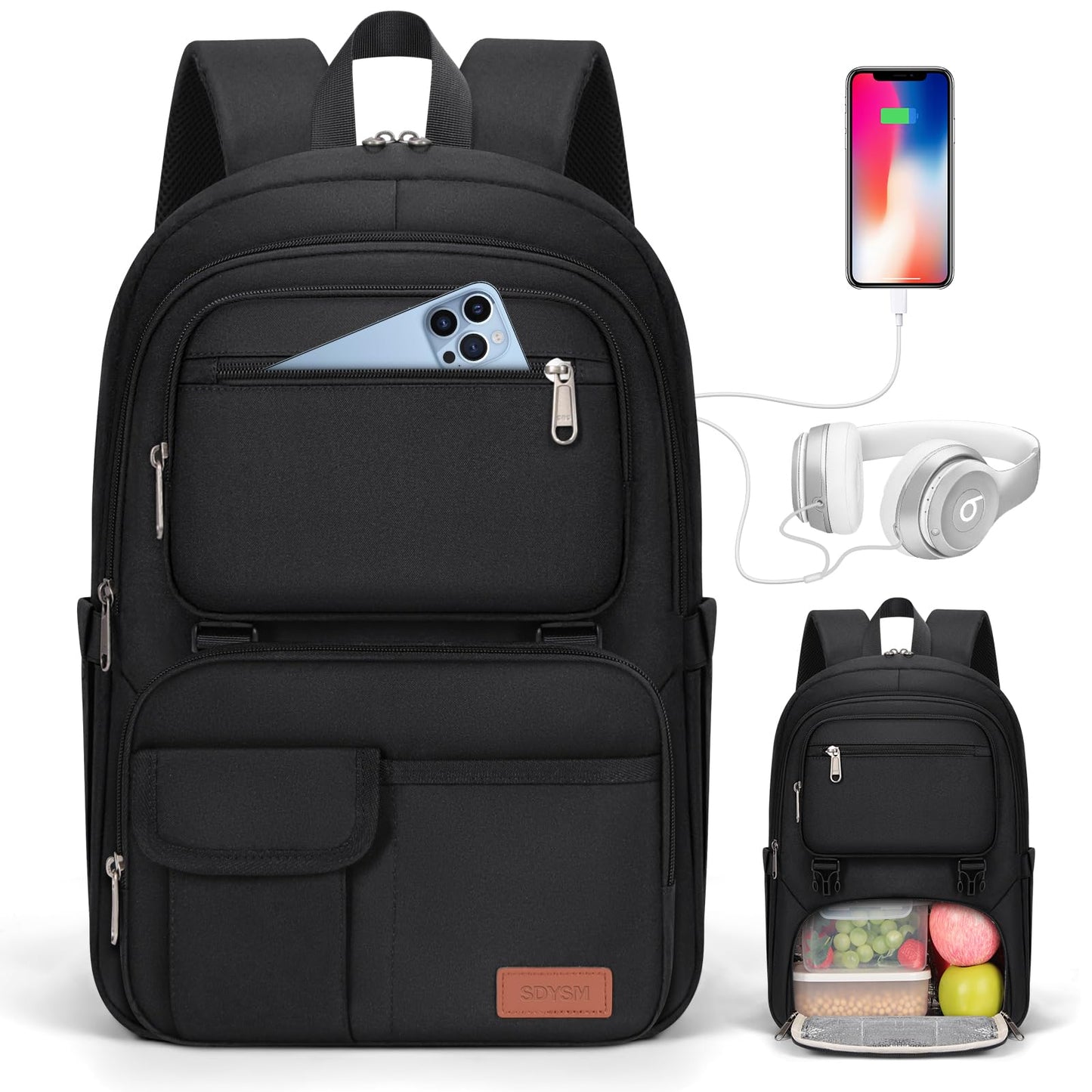 SDYSM Lunch Backpack for Men Women 15.6 Inch Laptop Backpack with USB Charging Port, Waterproof Work Backpack with Insulated Lunch Compartment Suitable for Work, Travel, College,Black