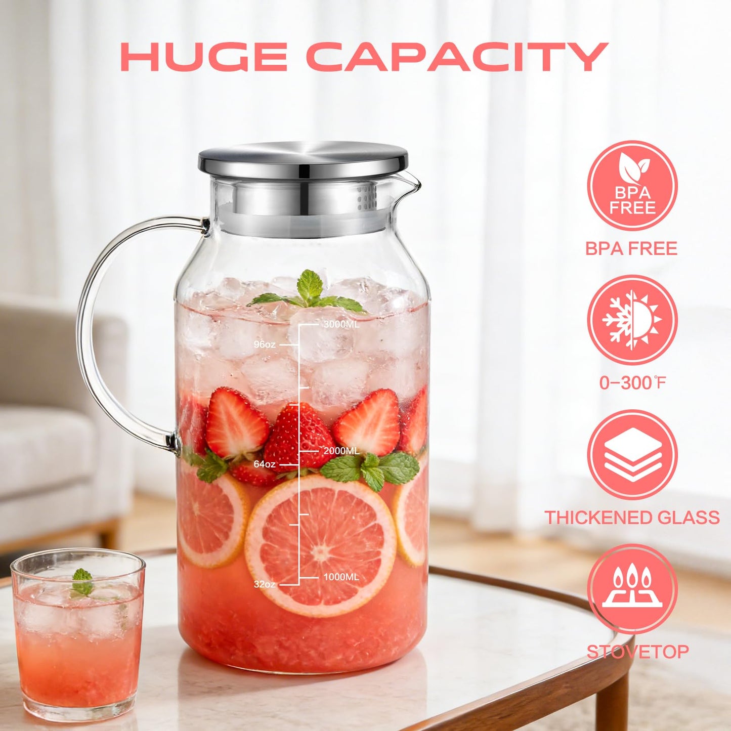 Aofmee Glass Pitcher with Lid and Handle, 1 Gallon 128oz