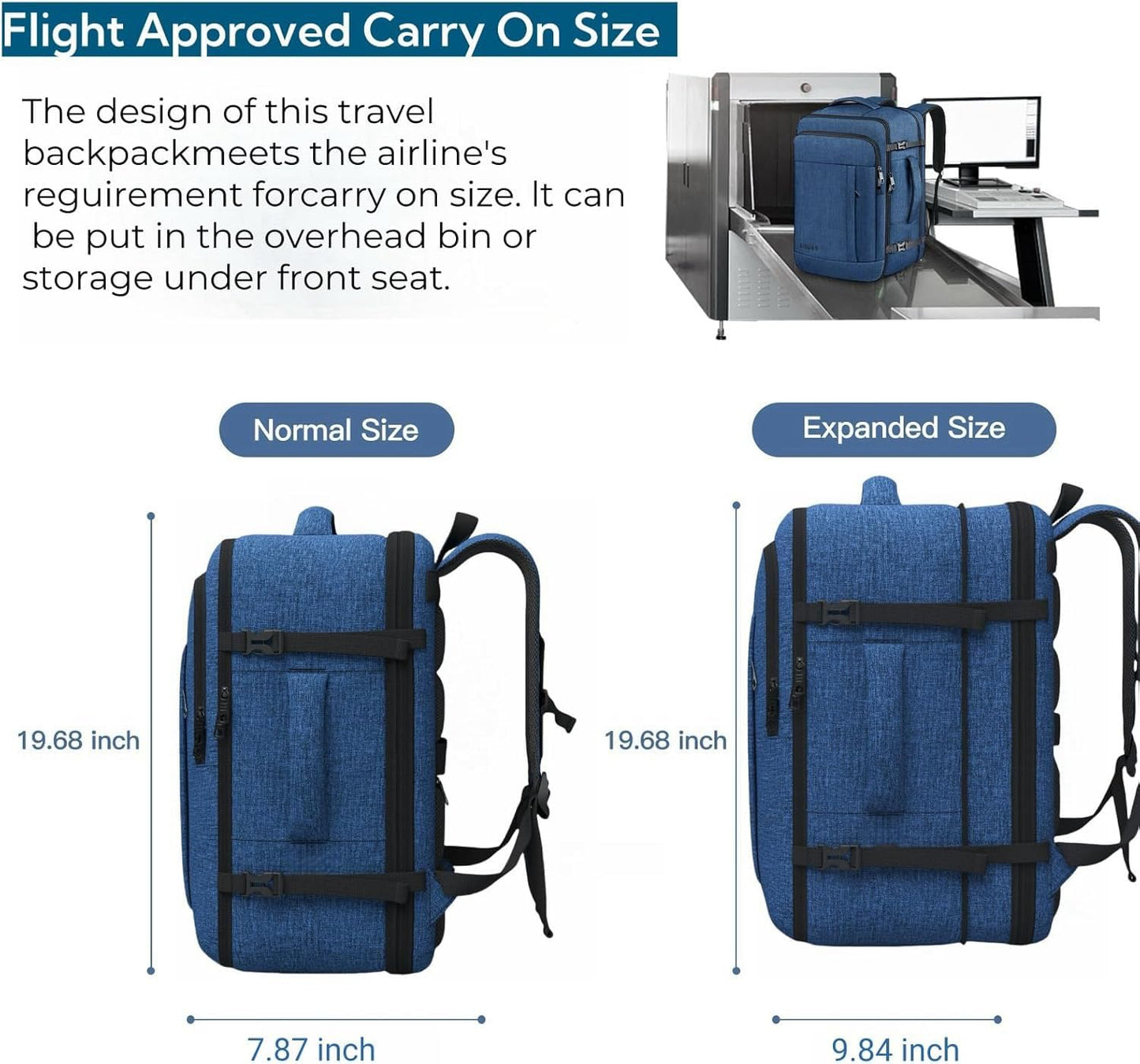 Carry On Backpack, Extra Large 50L Travel Backpack for Men & Women, Expandable Backpack For Airplanes, 17 Inch Laptop Backpack, Luggage 40L Daypack Lightweight Business Weekender Bag, Blue
