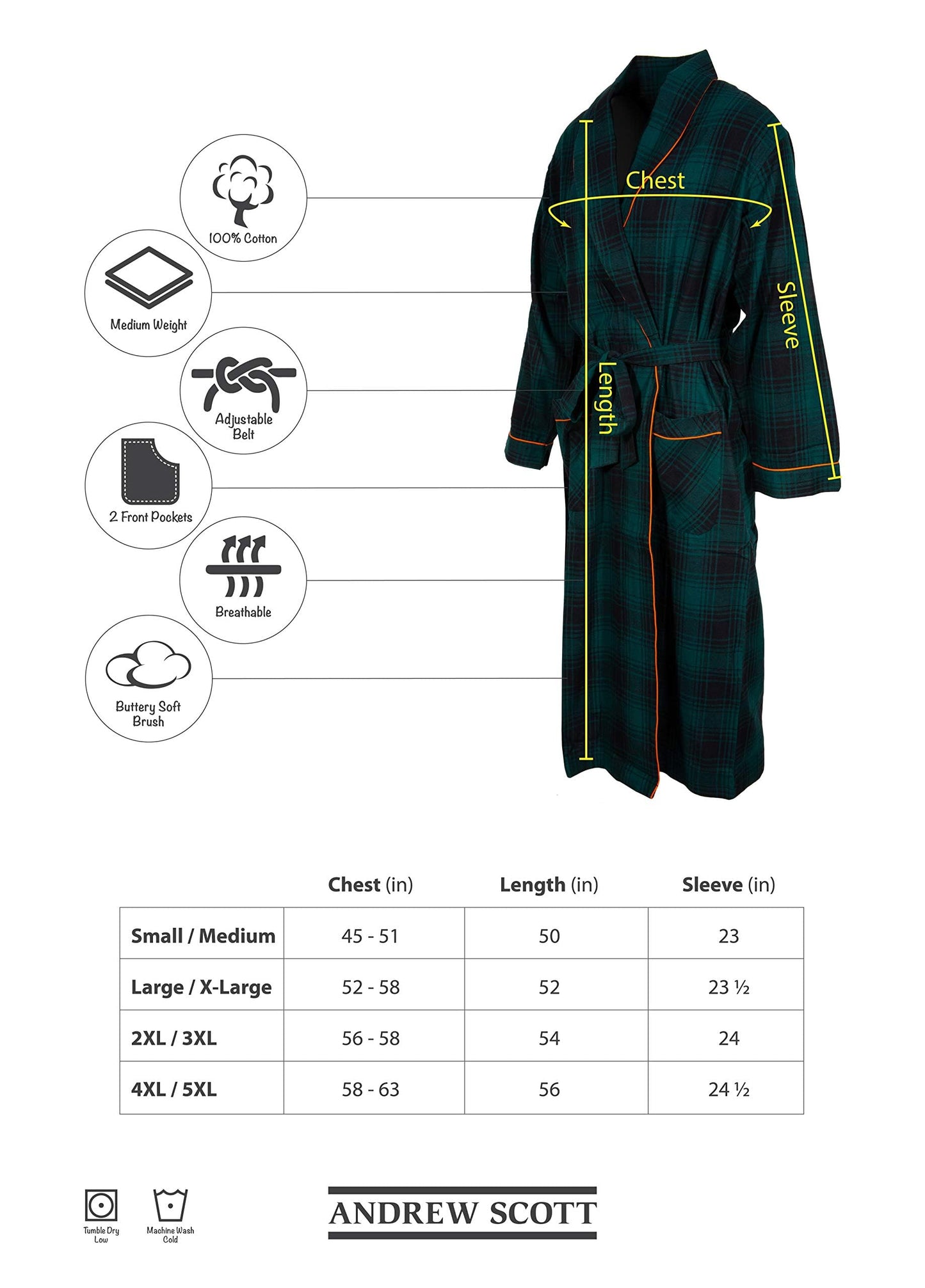Andrew Scott Mens 2 Pack Long Sleep -Sauna Robe / 100% Cotton Flannel Brush Warm Bathrobe, 2 Pack-assorted Plaids, XX-Large-3X-Large Big