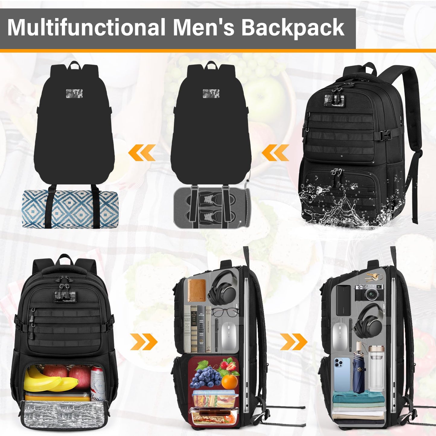 Lunch Backpack for Men & Women 17.3 Inch Laptop Backpack with USB Charging Port Waterproof Tactical Work Backpack with Insulated Lunch Bag for Travel, College, Business with MOLLE Design, Black