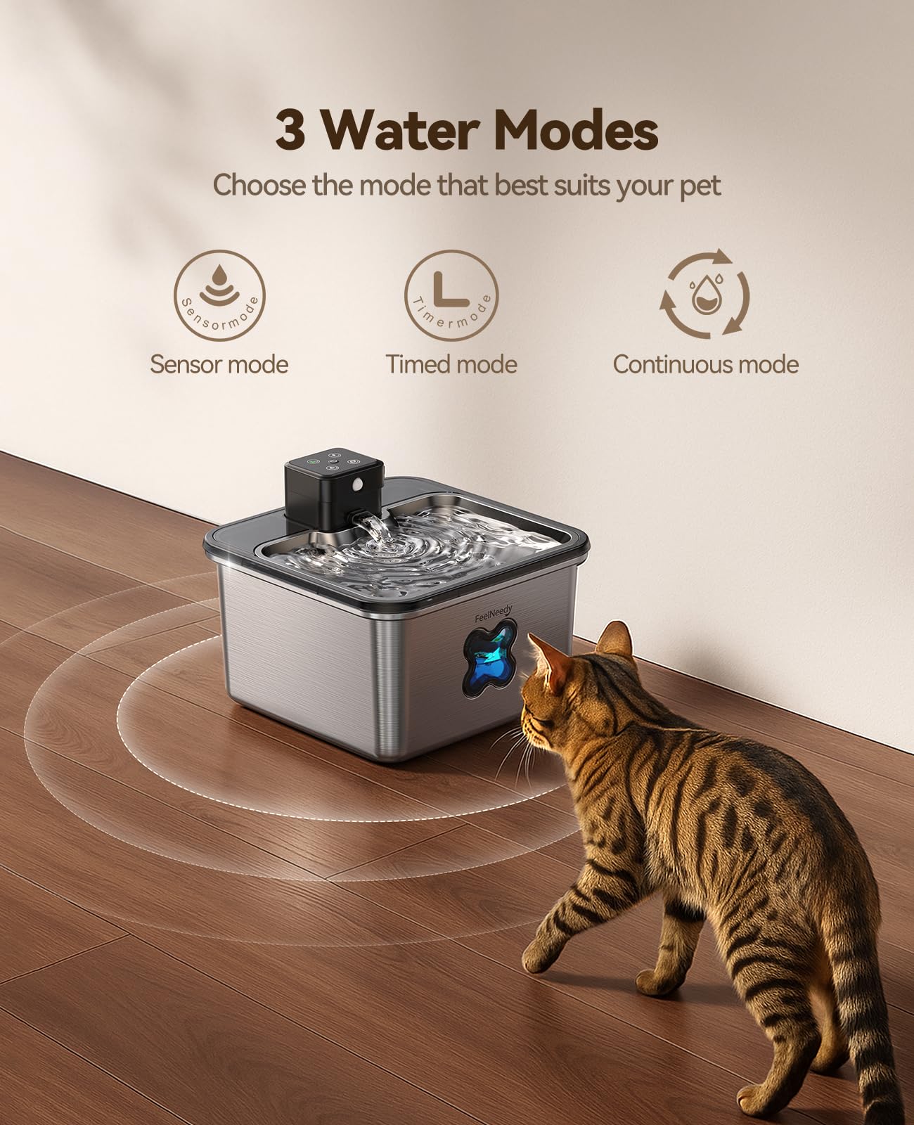 Cat Water Fountain Battery Operated, FEELNEEDY Wireless Rechargeable Pet Water Fountain Indoor with Motion Sensor, Cordless Stainless Steel Water Fountain Indoor Cat,Fontaine Pour Chat,3.2L,FN-W17