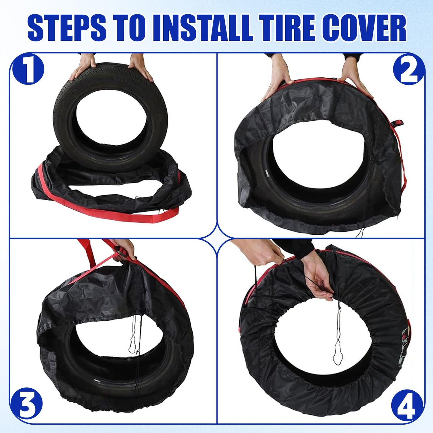 LOMGDOVC 4 Pack Polyester Tire Covers, Waterproof Dustproof Wheel Storage Bags with Handle, Protective Spare Tire Cover & Organizer Fit for 19"-23" Tires,Black Red