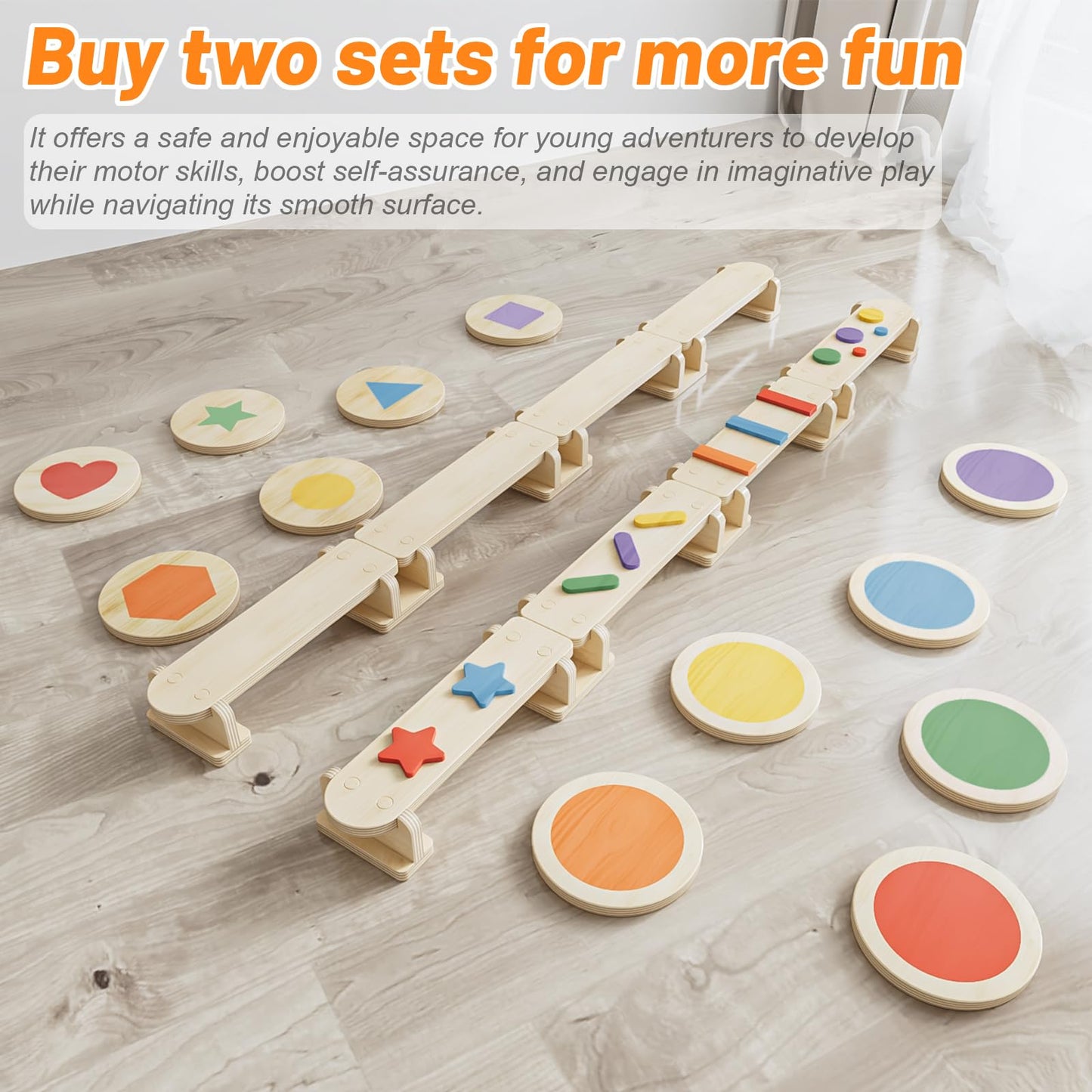 3 in 1 Wooden Balancing Beam for Children and Toddlers with Stepping Stones, Multifunctional Montessori Balancing Board with Obstacle Course, Balance and Sensory Training