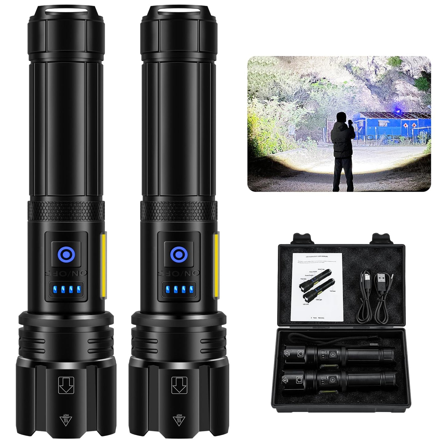 Rechargeable Flashlight 990000 Lumens, BCOTE 2 Pack Super Bright LED Flashlight Camping, Brightest High Powerful Handheld Flashlights - 7 Modes with COB Light, IPX7 Waterproof Home Outdoor Flash Light