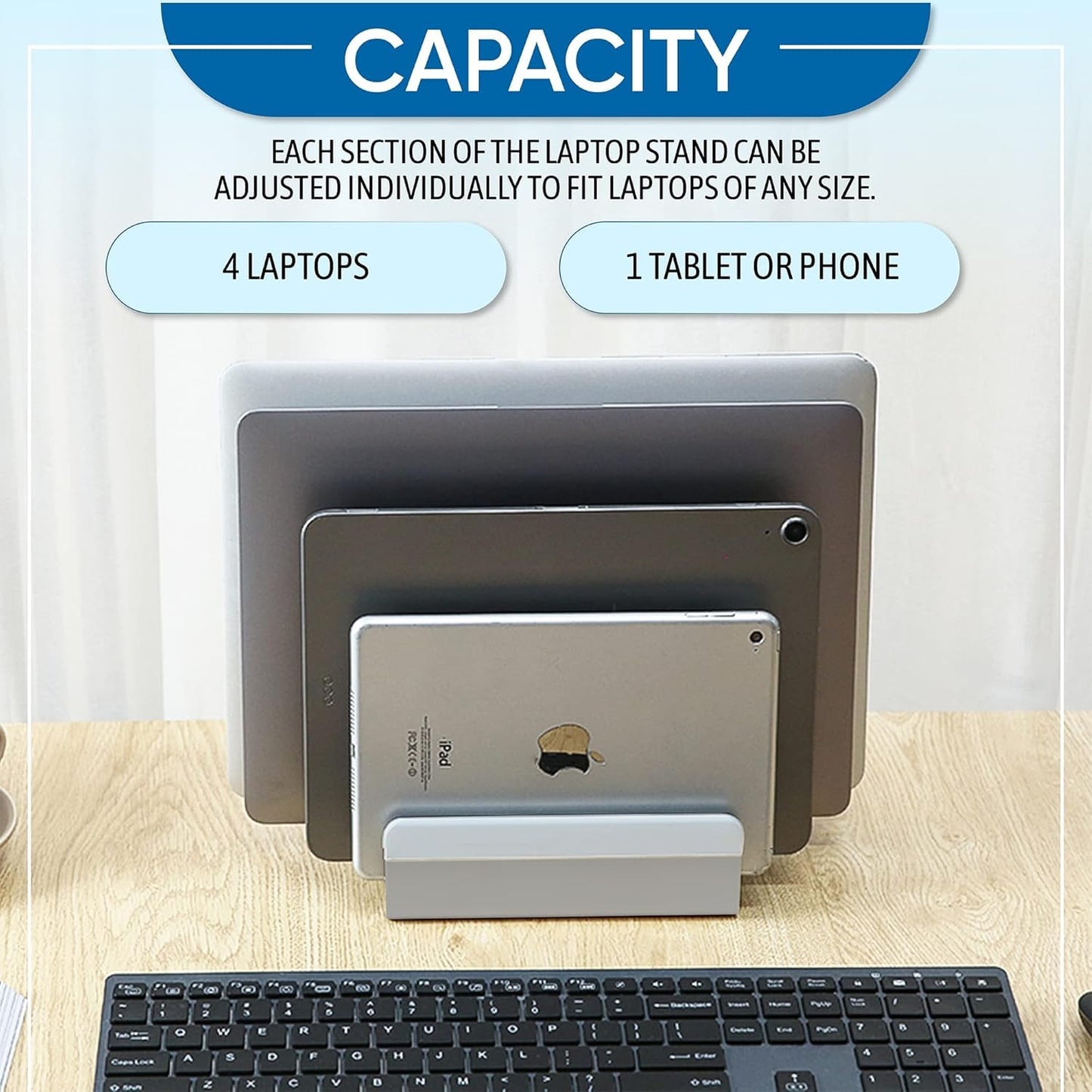 Elestoria Adjustable Vertical Laptop Stand - Fits 5 Devices, Modern Design, Tool Free Adjustment, Protective & Stable | Grey