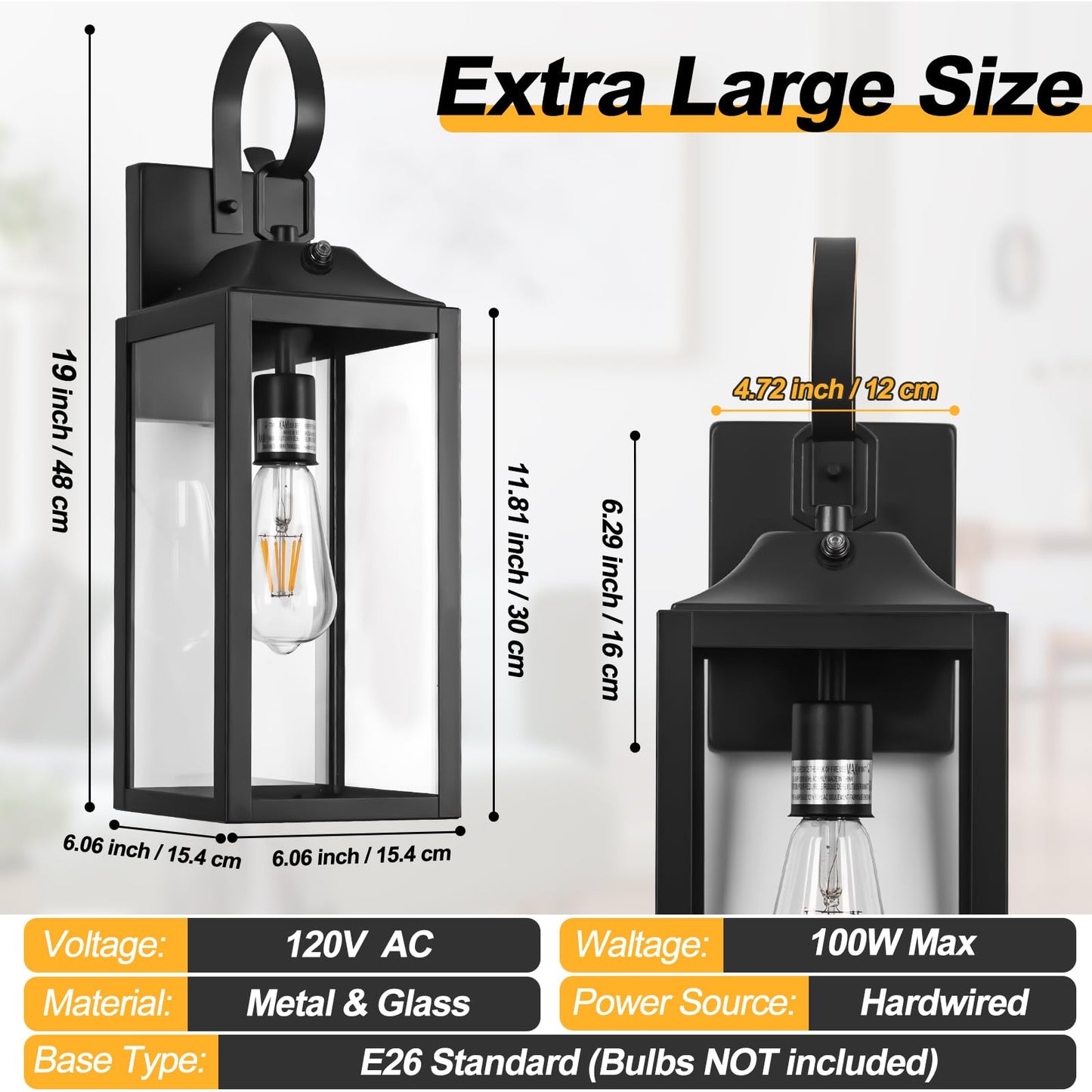 Yolsunes Black Dusk to Dawn Outdoor Wall Lantern, 19" Large Outside Modern Wall Sconce Light Fixture, Farmhouse Porch Light Wall Mount Waterproof for House