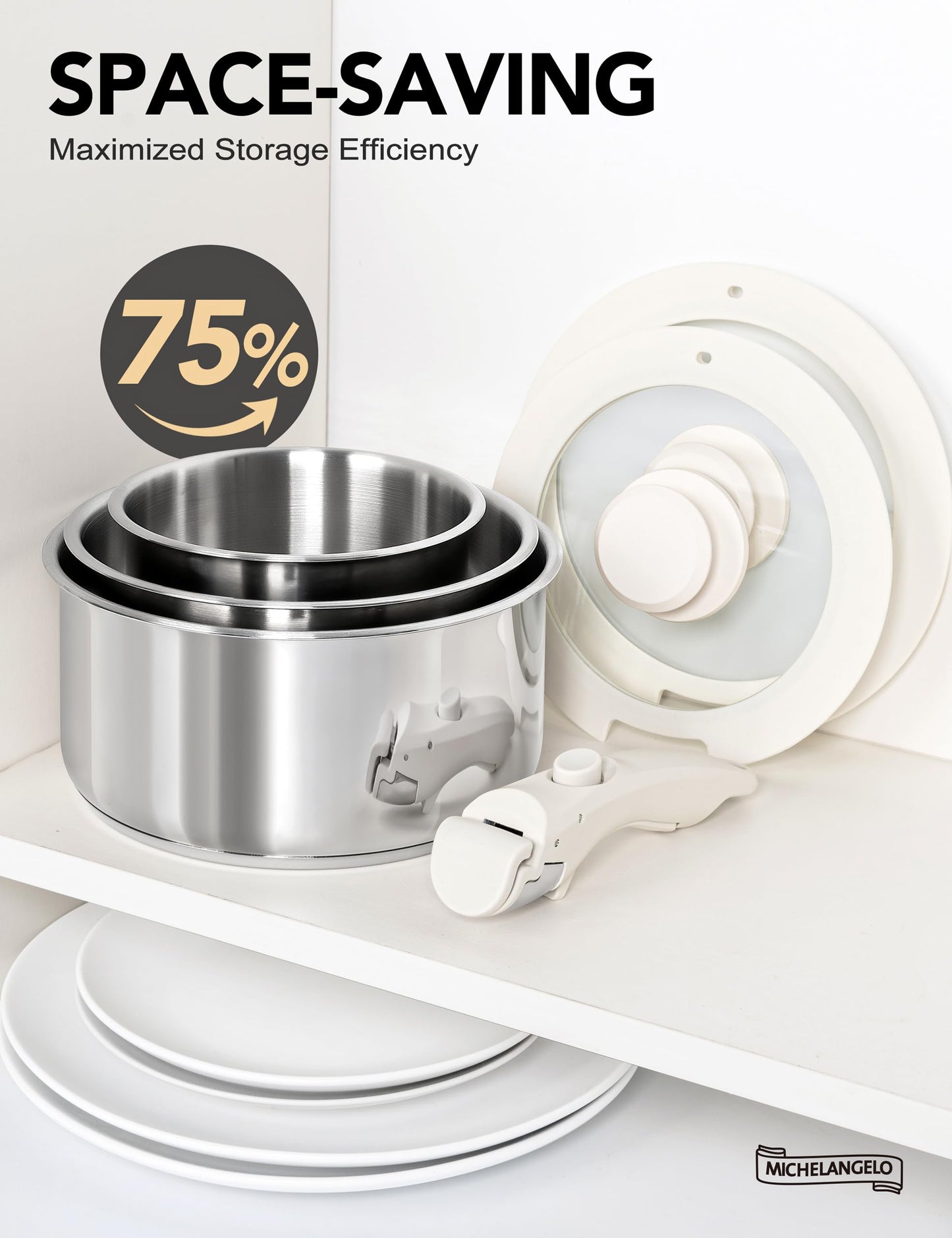 MICHELANGELO 6pcs Stainless Steel Pot Set with Removable Handle, Triply Base Stainless Steel Saucepan with Lids, Detachable Handle Saucepan Set, Induction Compatible - White