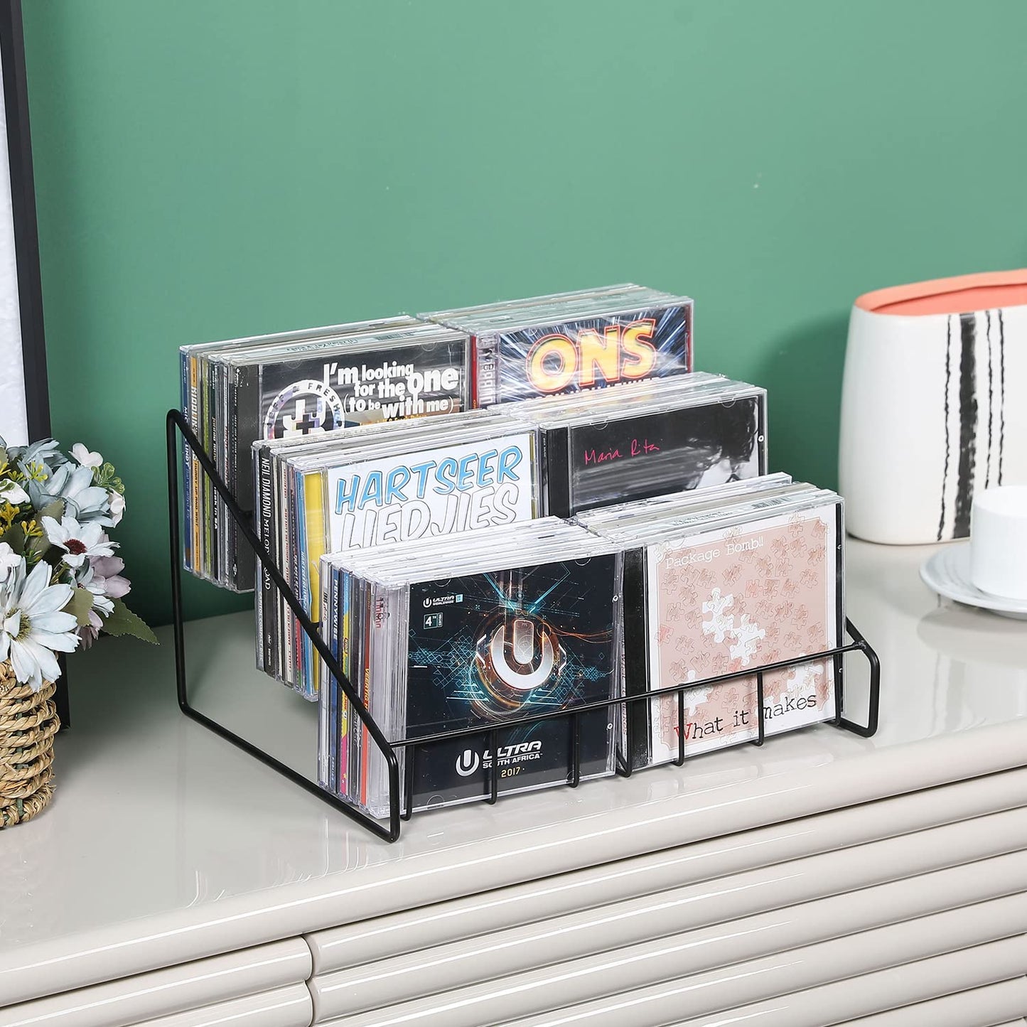 MyGift Modern Matte Black Metal Wire CD Holder Storage Stand, 3 Tier Media Jewel Case Organizer Rack