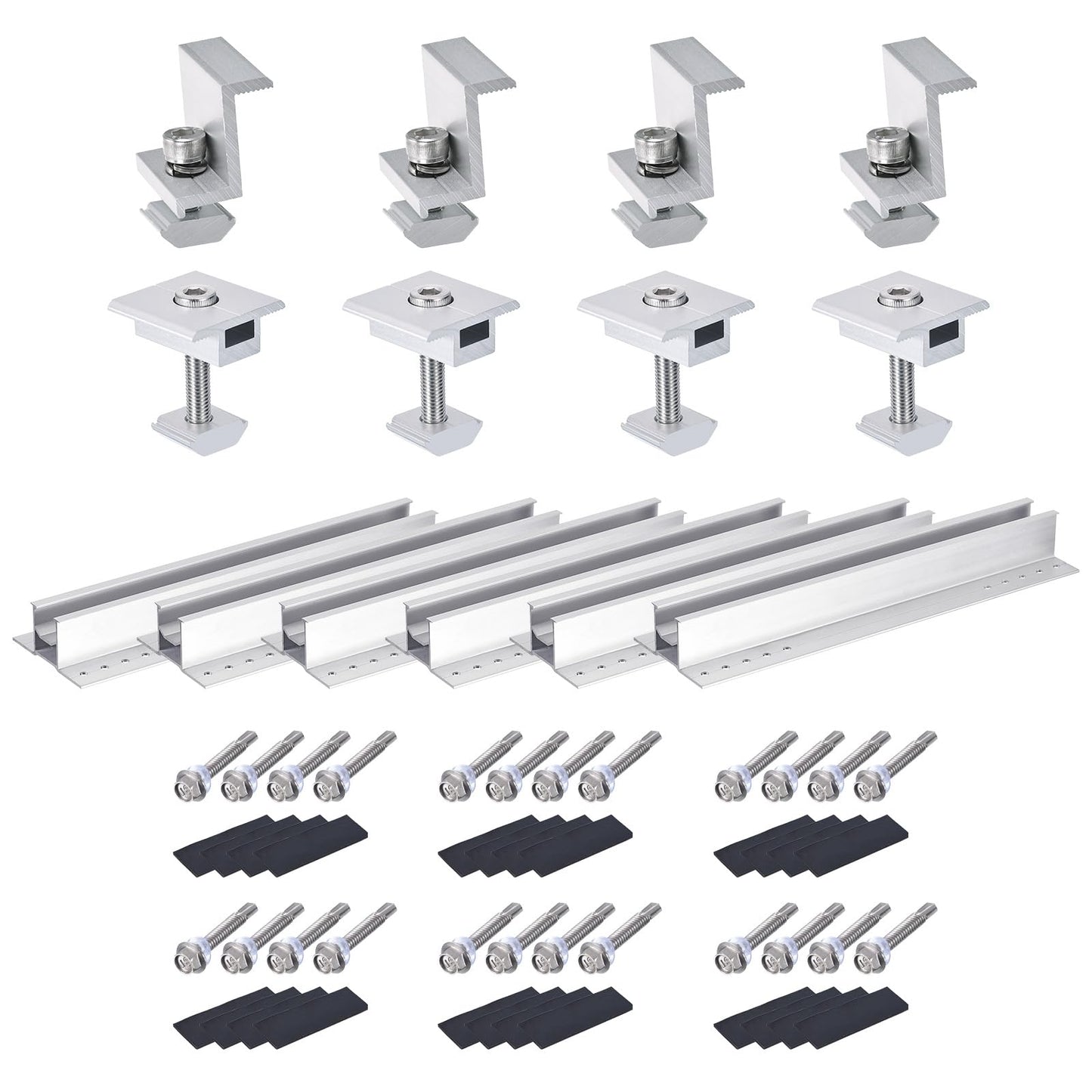 MECCANIXITY Set of Solar Panel Bracket, 6 x 300mm Aluminium Extrusions Mounting Rail, 8 x 35mm Clamps Solar Mounting Rail Connector for Tin Roof, Flat Roof