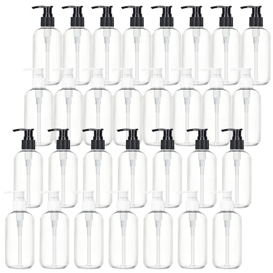 30 Pack Clear Empty Lotion Bottles, 8 oz Plastic Pump Bottles, Shampoo and Conditioner Dispenser Bottles with Pumps for Body Wash, Shampoo, Massage Lotion (Black&White)