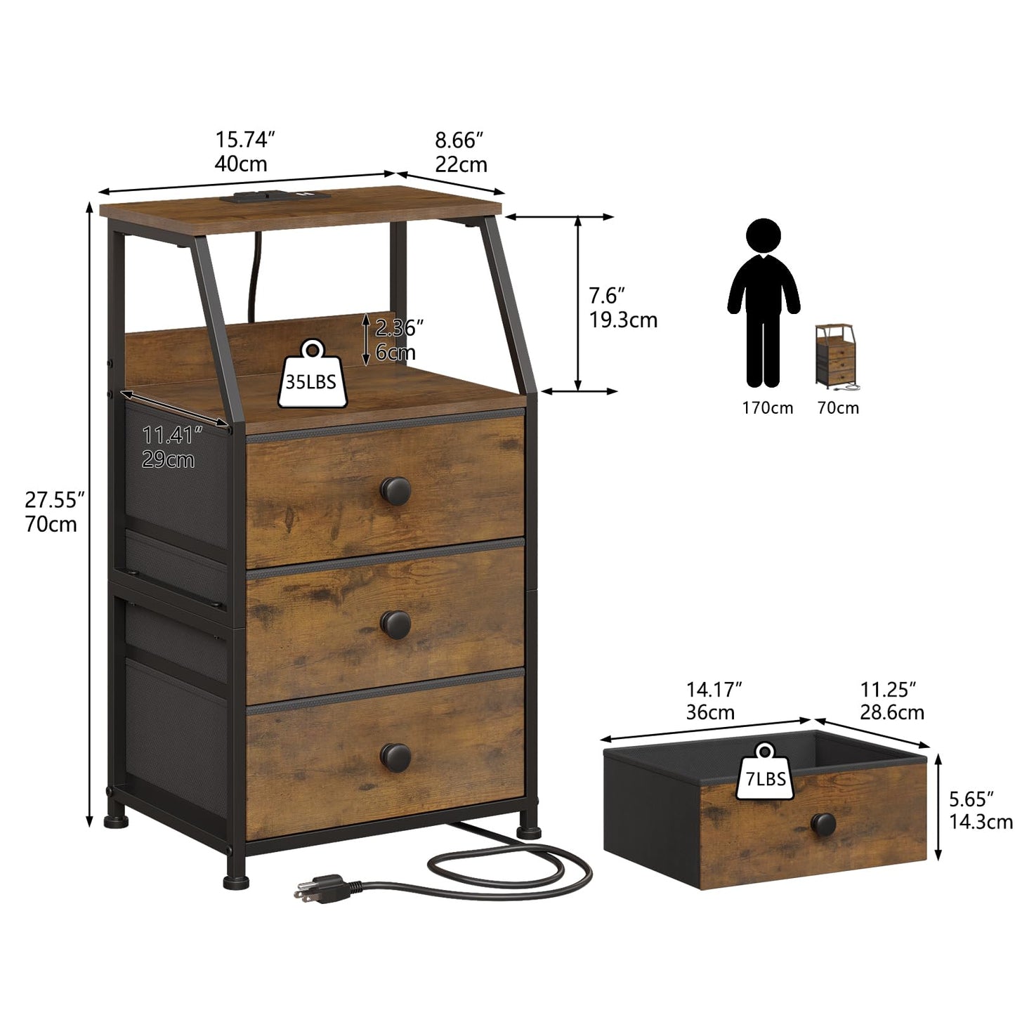 GiftGo Nightstand with Charging Station Led Light and 3 Fabric Drawers Bedside Sofa Side End Table for Bedroom Living Room (Rustic Brown, 3 Drawers)