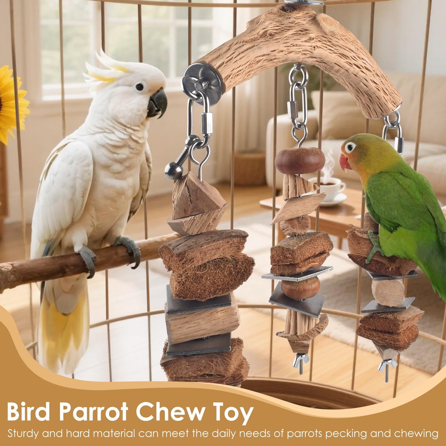 DBNESS Large Bird Parrot Toys, Birds Wooden Chew Blocks with Stainless Steel Cage Hanging Bite Toy for Macaws, African Greys, Cokatoos, Amazon Parrots and Small Medium Parakeets