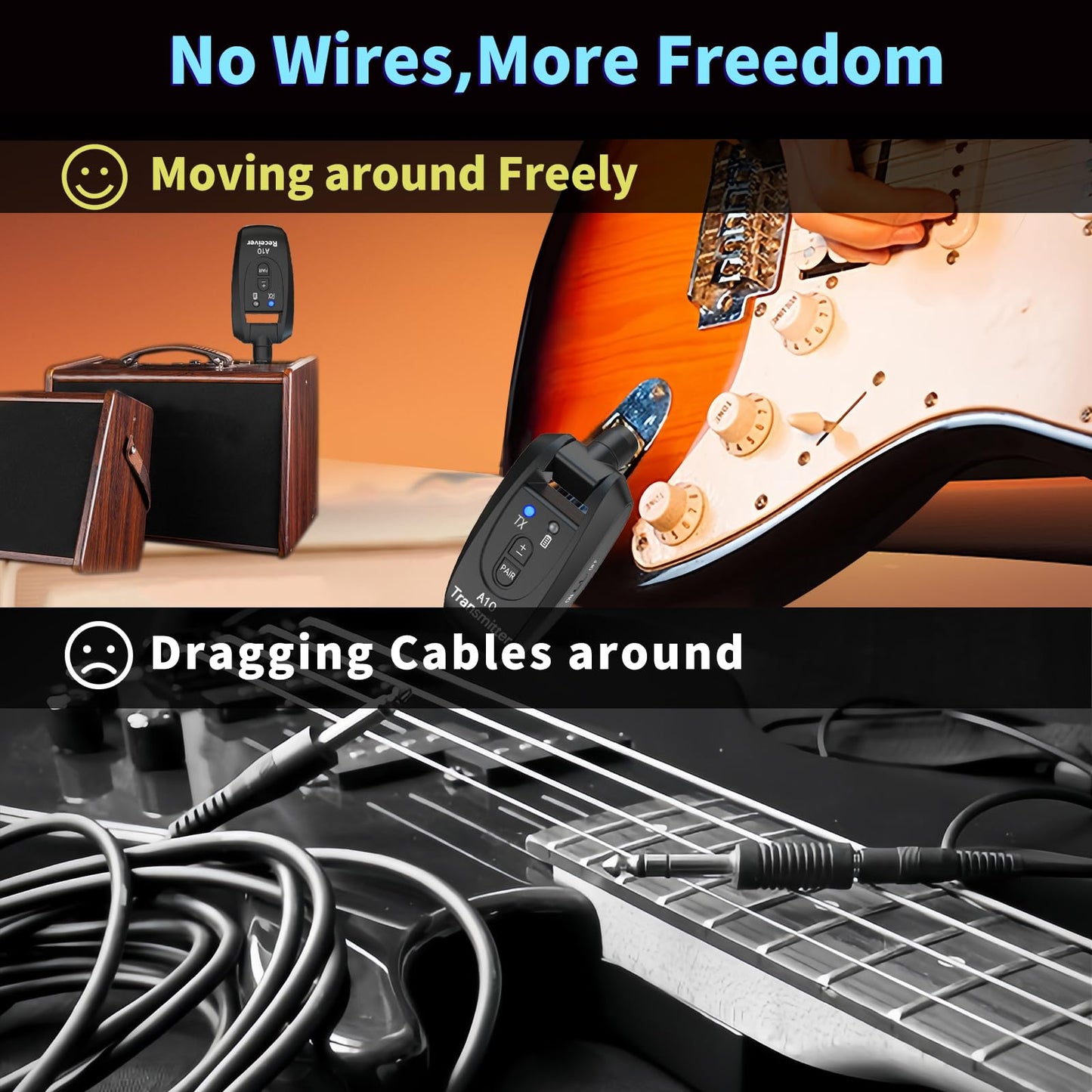 A10 Wireless Guitar Transmitter Receiver, 2.4GHz Rechargeable Transmitter Receiver, 24-bit 48KHz Audio, 100ft Range, No Latency, Plug and Play for Electric Guitar & Bass Accessories
