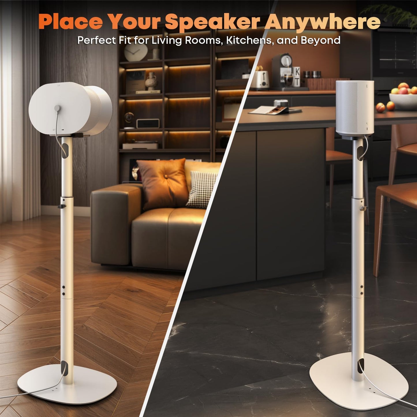 Speaker Stands for Sonos Era-100 & Era-300 - Height Adjustable Floor Stands 29.1''–39'', Dual-Mount Base for Space-Saving Placement, Concealed Cable Management, 11 lbs Max Load, 1 Pair, White