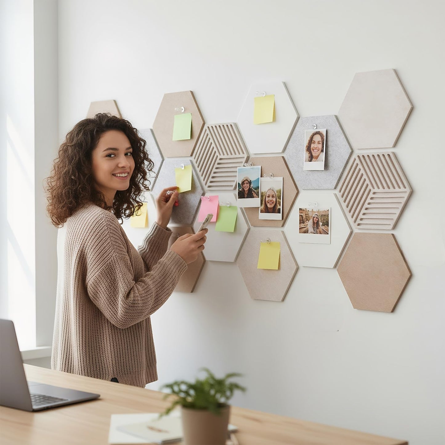 Acidea 12Pcs Hexagon Cork Boards for Walls, Self Adhesive DIY Bulletin Board Felt Cork Board Tiles with 50 Push Pins, Pin Boards for Office School Home Wall Decor Stickers Memos Photos Display