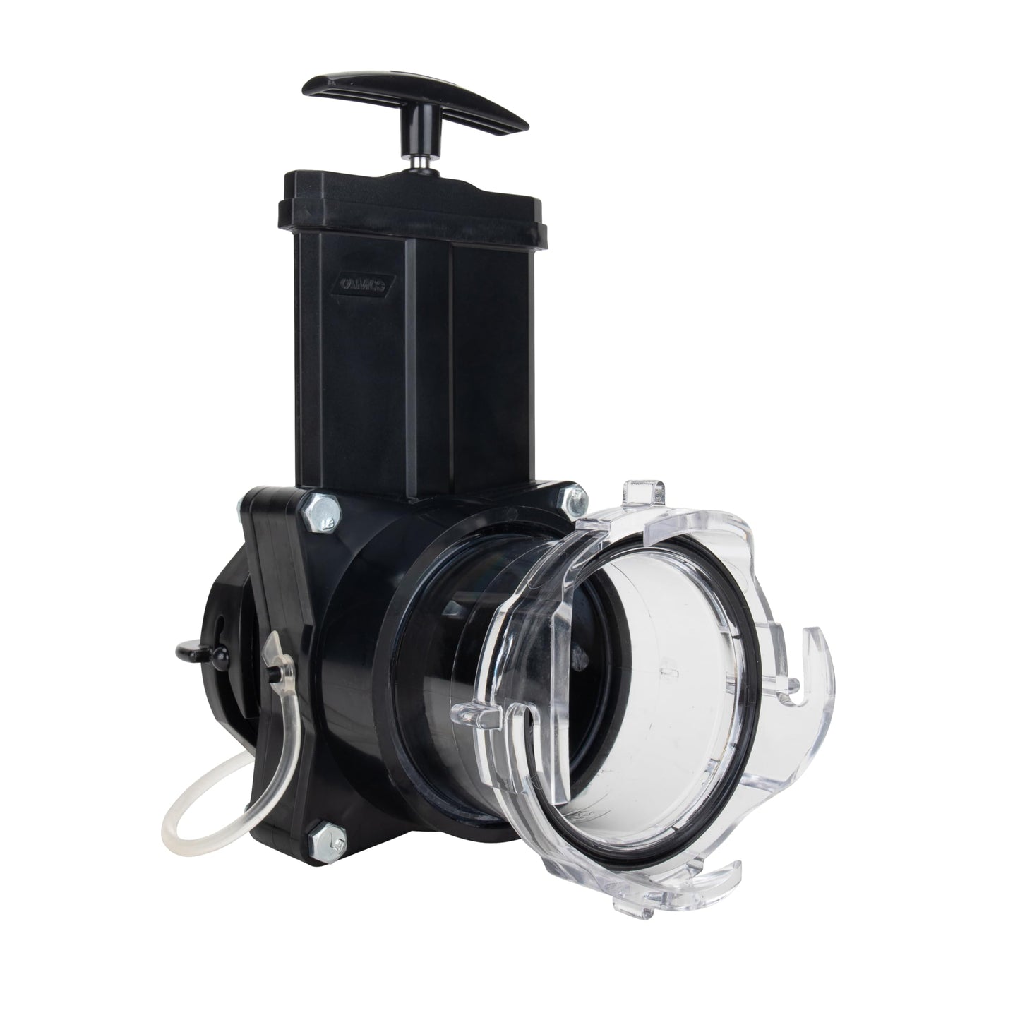 Camco Ready to Use Gate Valve with Built-in Clear Adapter | Fits All 3-inch Sewer Fittings | Ready to Use Construction (39053), Black