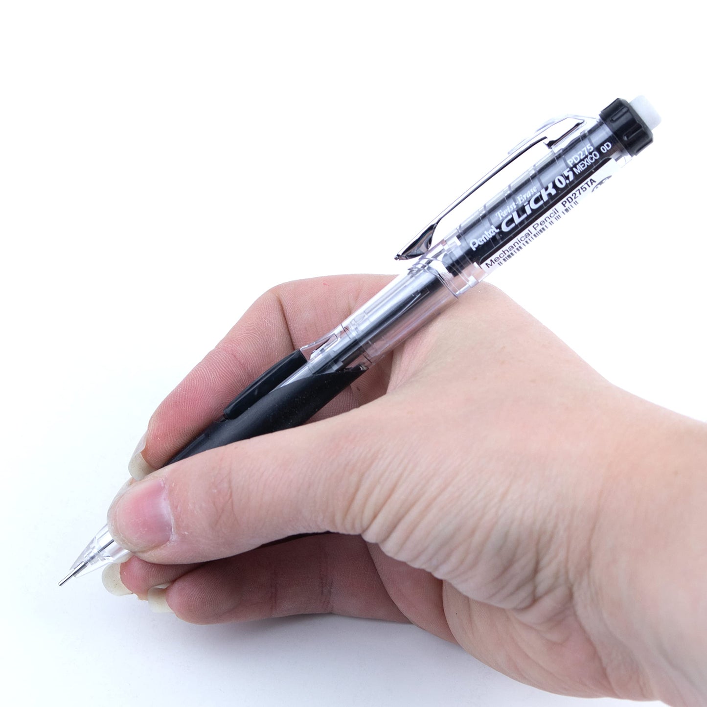 Pentel Twist-Erase Click Mechanical Pencil with Side Click Lead Advance, 0.5mm Fine Point, Large Retractable Eraser, Black Barrel, PD275TA, Box of 12
