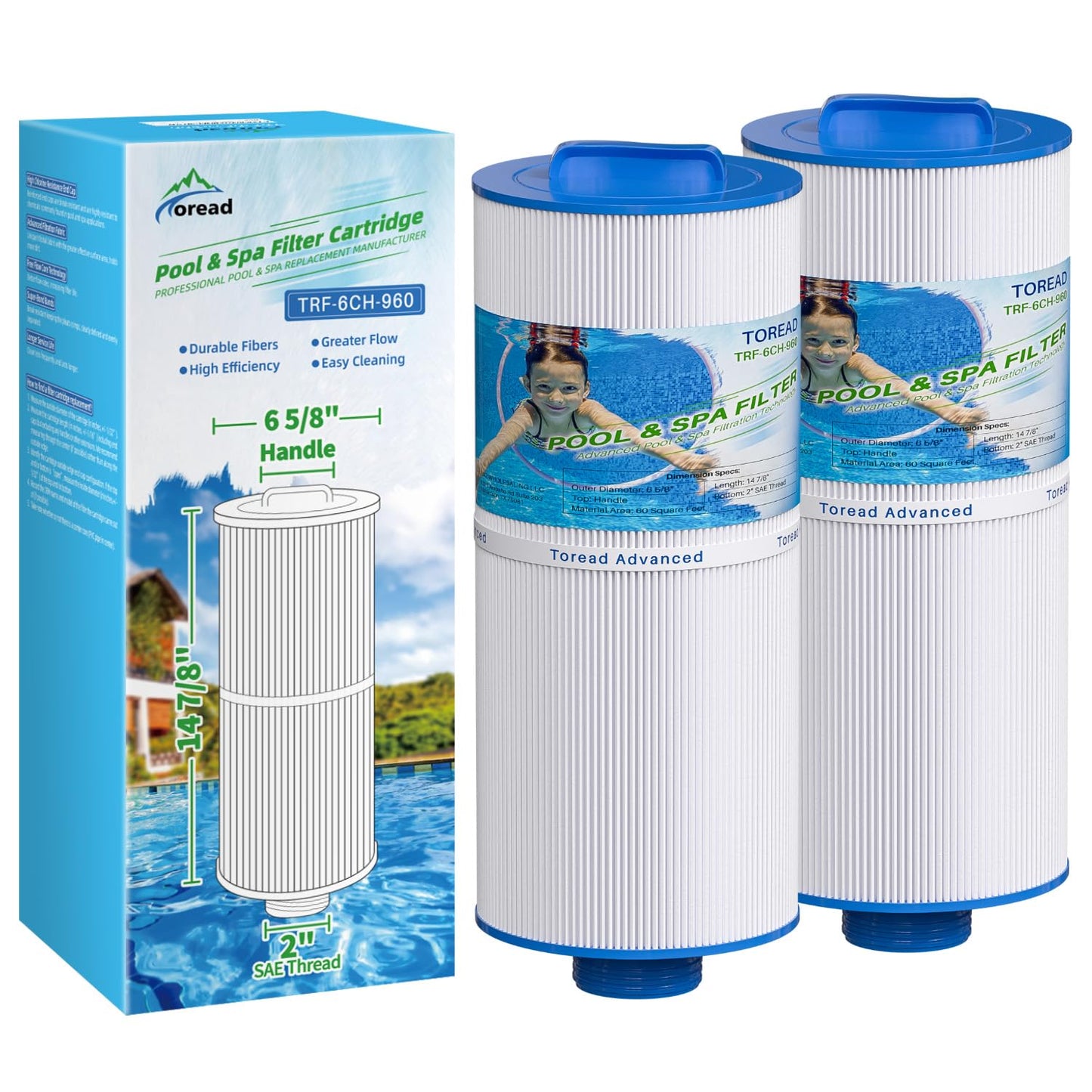 TOREAD 6CH-960 Spa Filter Replaces Filters J-300, J400, PJW60TL-F2S, 14081, 6000-383A, Unicel 6CH-960, Filbur FC-2800, 6540-383, Hot Tub Filter with Closed Handle 2 Pack (Not be Removed)