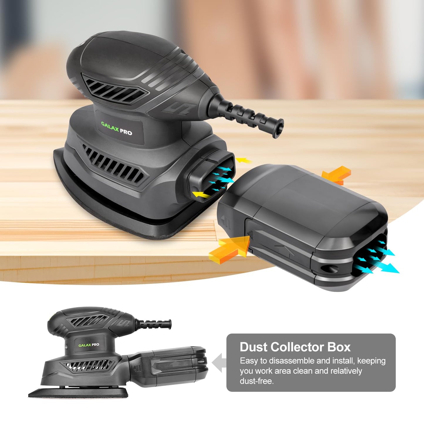 GALAX PRO Detail Sander, 1.1A Powerful Motor, 13000 OPM Compact Electric Sander with 20Pcs Sandpapers and Dust box, Soft Grip Handle for Comfortable Woodworking