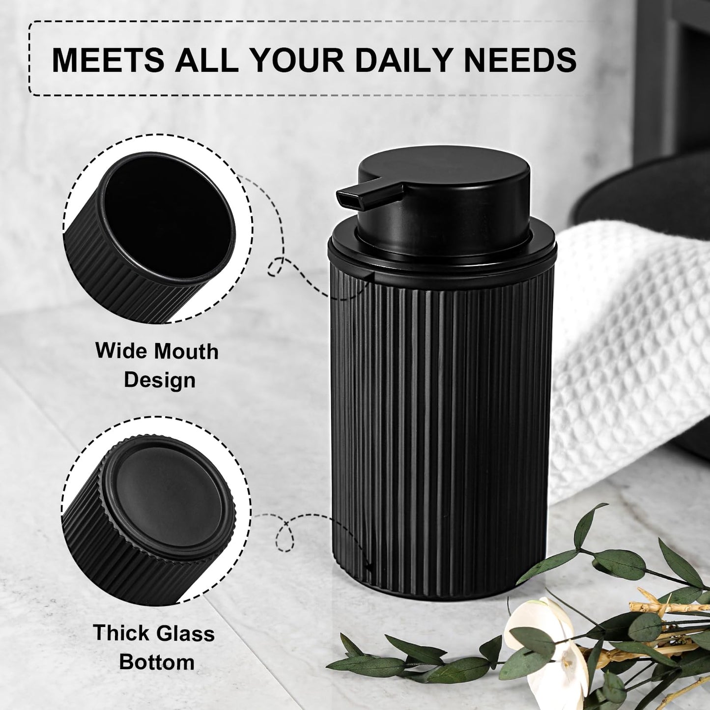 KASUNTING Matte Black Foaming Soap Dispenser, 2 Pack Ribbed Glass Foam Hand Soap Dispenser for Bathroom, Refillable Foaming Pump Bottle with Black Pump, Modern Dish Soap Foam Dispenser