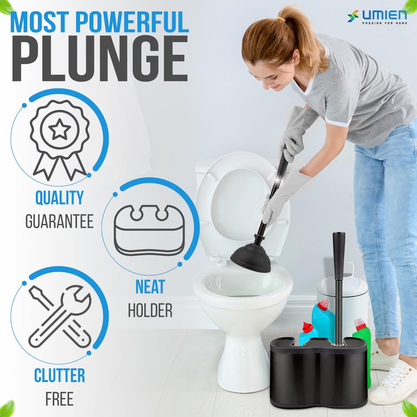 UMIEN™ Toilet Brush and Plunger Set - Black Stainless Steel Plunger and Toilet Brush Combo with Freestanding Canister - Modern and Sleek Bathroom Cleaning Accessories…