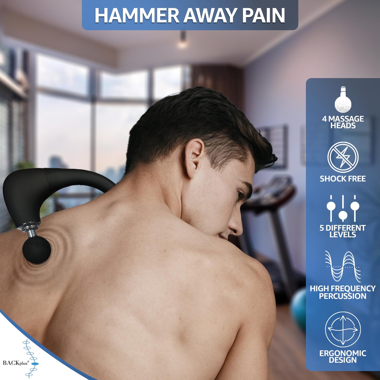 BACKplus Massage Hammer - Cordless Percussion Deep Tissue Massager - Handheld Muscle & Pain Relief Device - Powerful Percussion Therapy, On-Demand