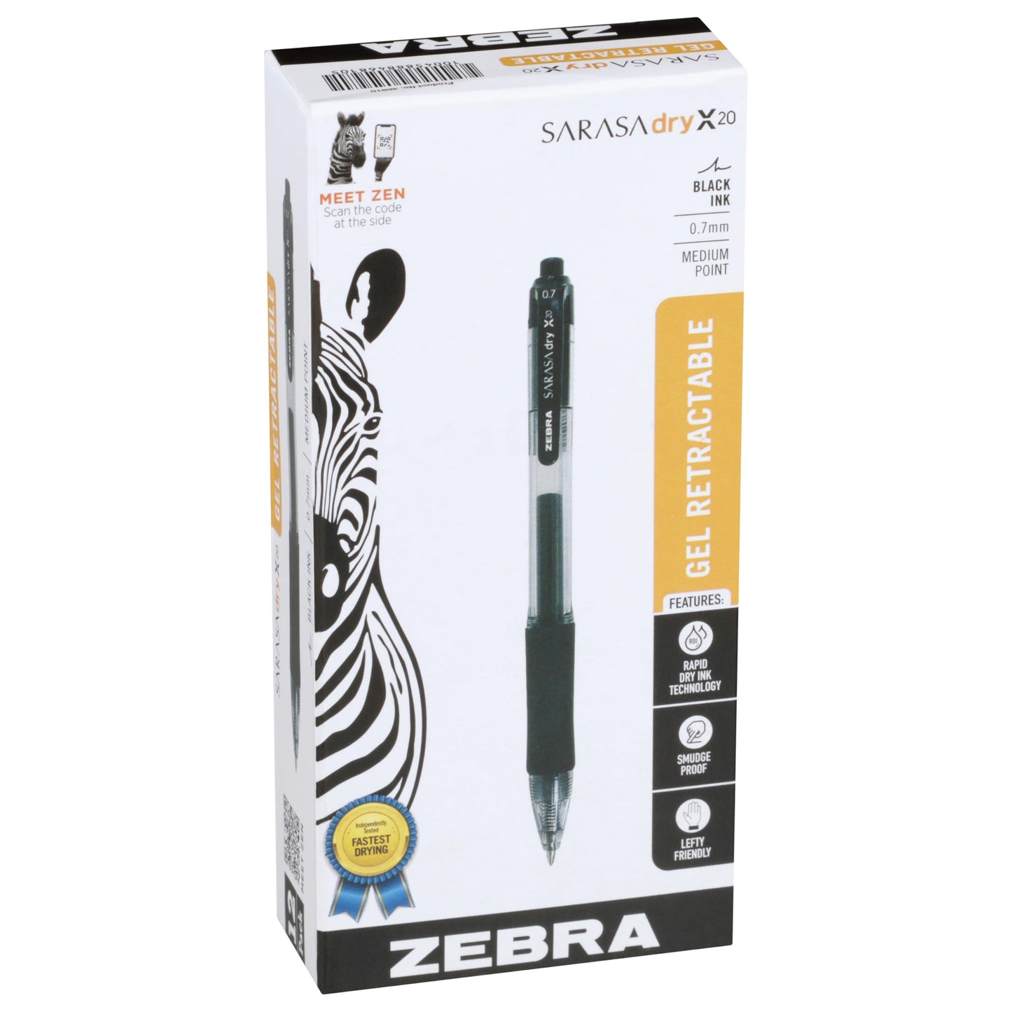 Zebra Pen SARASA Dry X20 Retractable Gel Pens, 0.7mm Medium Point, Black Ink with Rapid Fast Dry Ink Technology, Ideal for the Left Handed, Elimates Smudging and Smearing in Seconds, 12-Pack (46810)