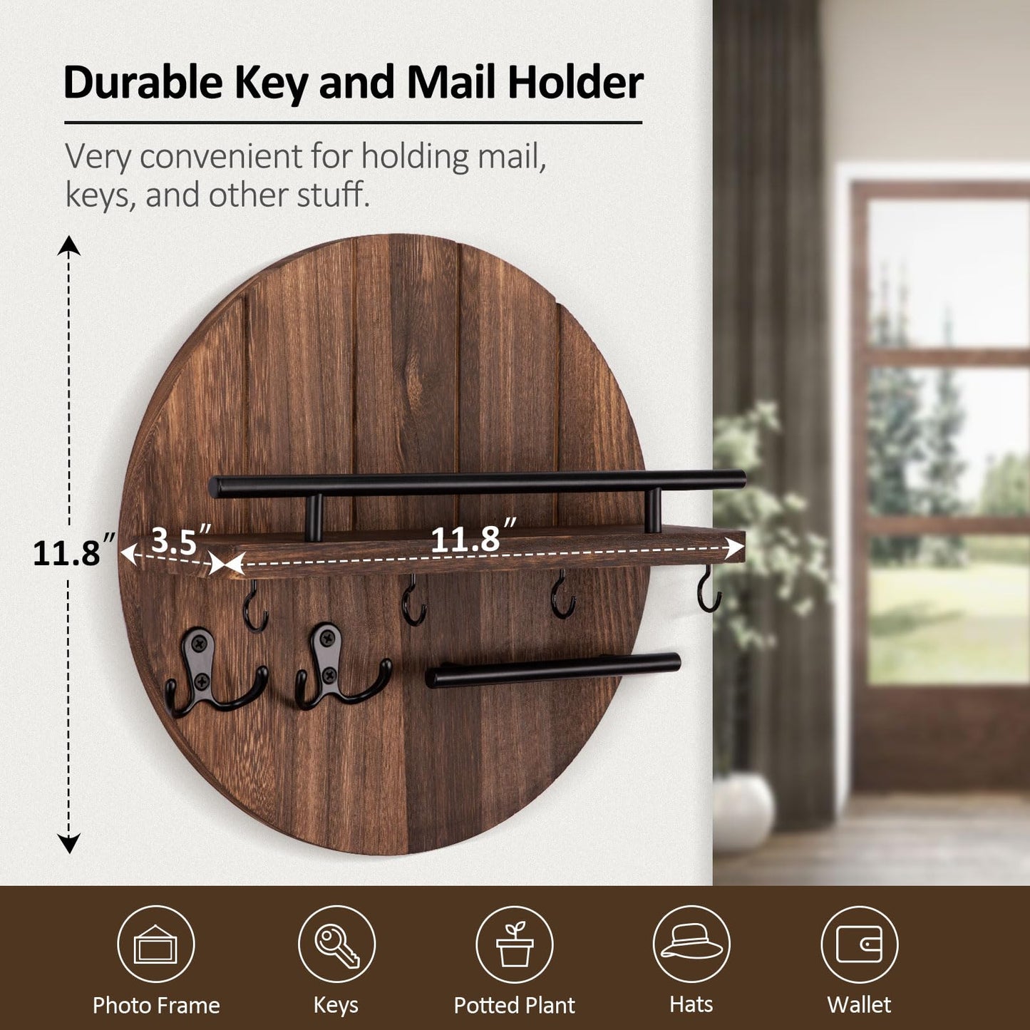 Nekon Key Holder Wall Mount, 11.8 Inch Key Rack with Shelf and 6 Key Hooks, Rustic Key and Mail Organizer, Circular Wooden Key Hanger for Entryway Hallway Kitchen (Brown)