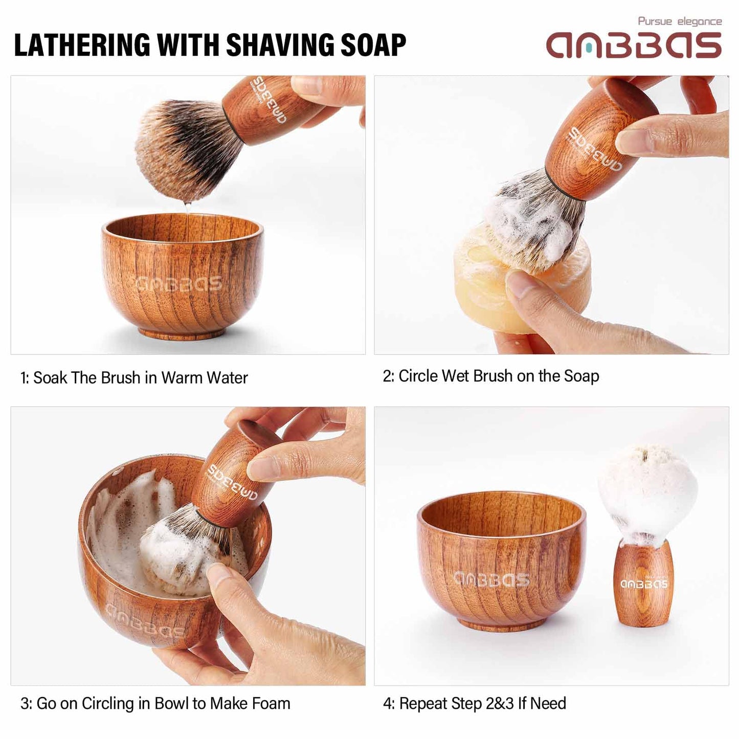 Anbbas Badger Hair Shaving Brush with Wood Handle,Large Soap Bowl,Stainless Steel Shaving Stand and 3.5 oz Natural Shaving Soap Puck Refill for Men