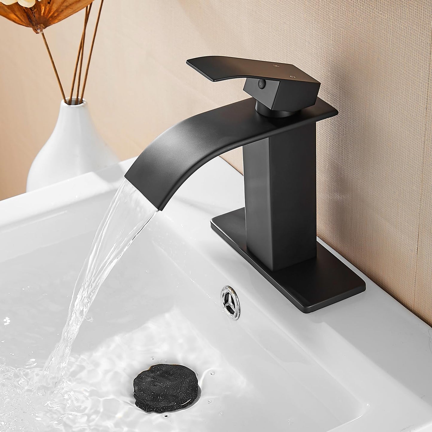 Fransiton Black Bathroom Faucet Bathroom taps 1 or 3 Hole Bathroom Sink Faucet Single Handle washroom Waterfall Faucet with Deck and Pop-up Drain