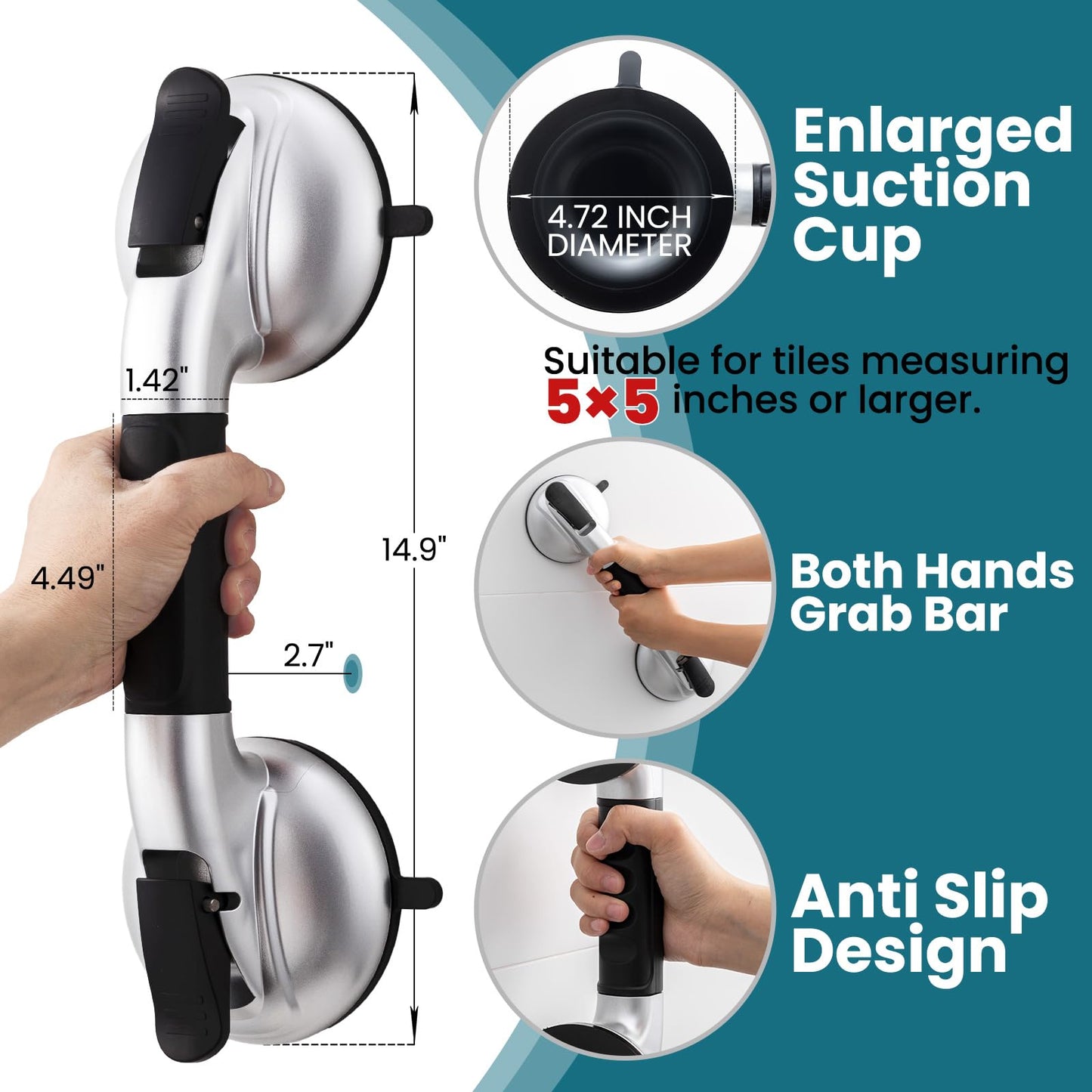 TAILI Grab Bars for Bathtubs and Showers,2 Pack Shower Handles for Elderly Suction,Maximum 330lbs,Shower Grab Bar with Upgraded Rubber Suction Cups, Safety Grip for Senior, No Drilling Removable,Black