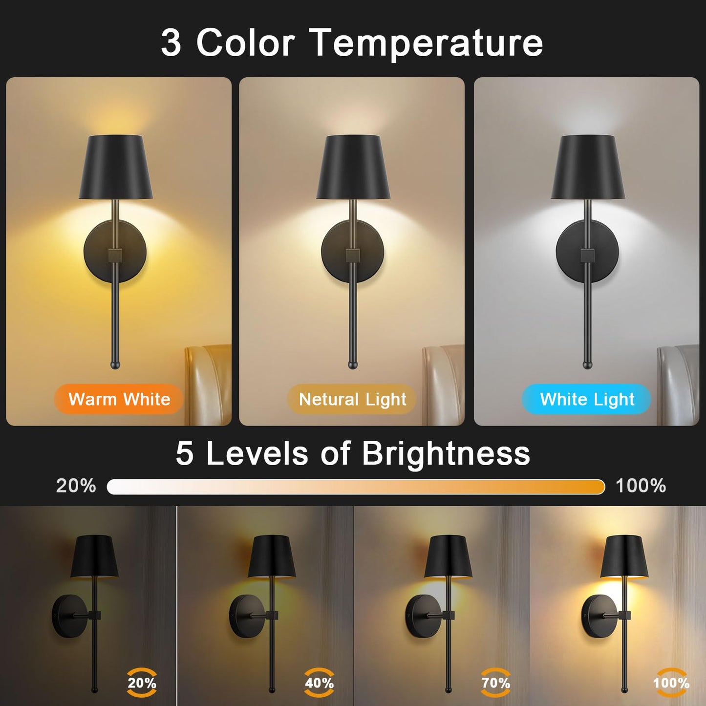 Lightess Battery Operated Wall Lights, 5200mAh Rechargeable Wall Sconces Set of Two with Remote Control, 15 Colors RGB Indoor Dimmable Wireless Wall Lamp for Living Room, Hallway, Bedroom, Black