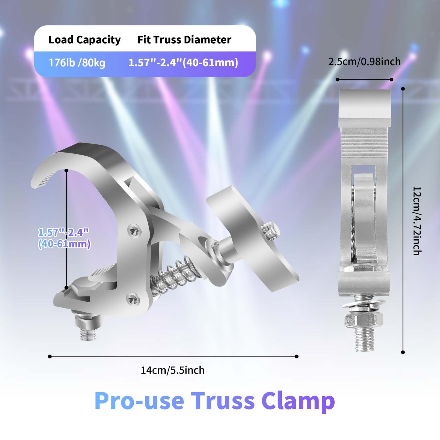 YEUIKERR 6 Pack Truss Clamp 1.57-2.4 Inch Stage Lighting Clamps Heavy Duty DJ Light Clamps Aluminum Alloy lighting C-Clamp Fit for 40-61 mm OD Tube/Pipe