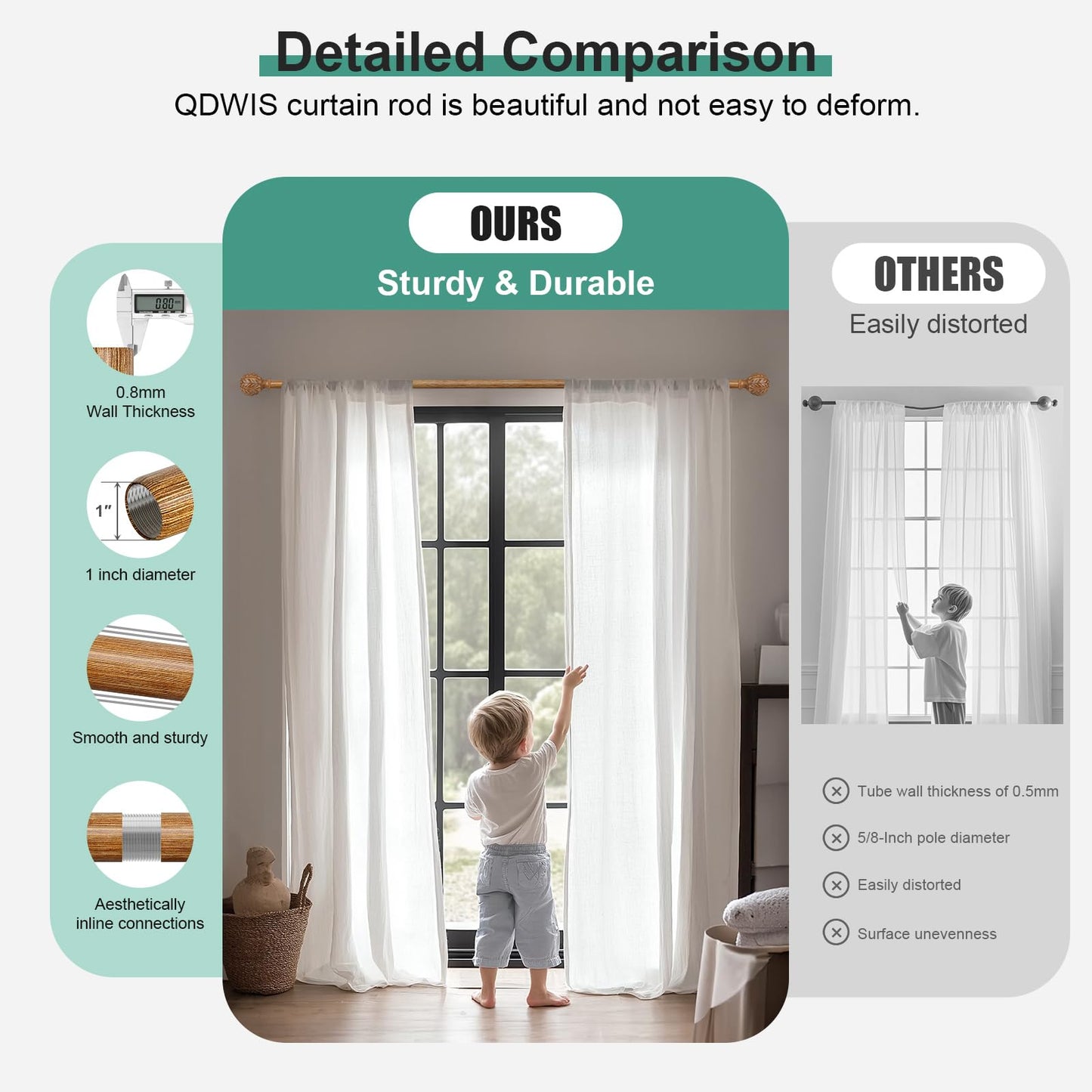 QDWIS Boho Natural Wood Curtain Rods for Windows 66 to 120 inch, 1" Adjustable Heavy Duty Window Curtain Rod with Imitation Wood Grain Finials,Rustic Decorative Drapery Rods Set,Size:36''-120''