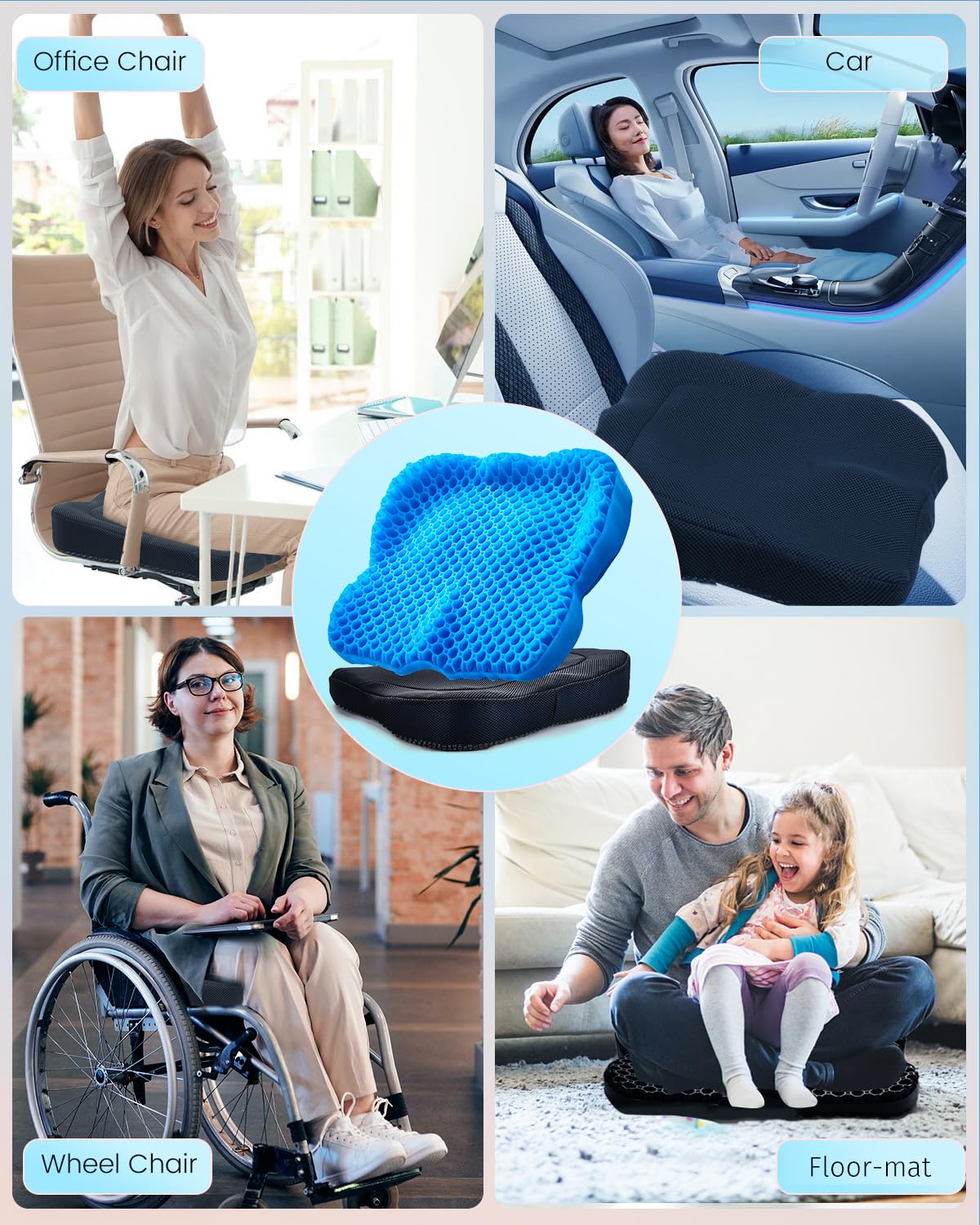 Thickened Gel Seat Cushion, Chair Seat Pads for Wheelchair, Gel Cushion Seat for Pressure Coccyx Sciatica Pain Relief, Egg Cushion for Car Office Chair, Cooling Cushion for Long Sitting[Blue-2.75"]