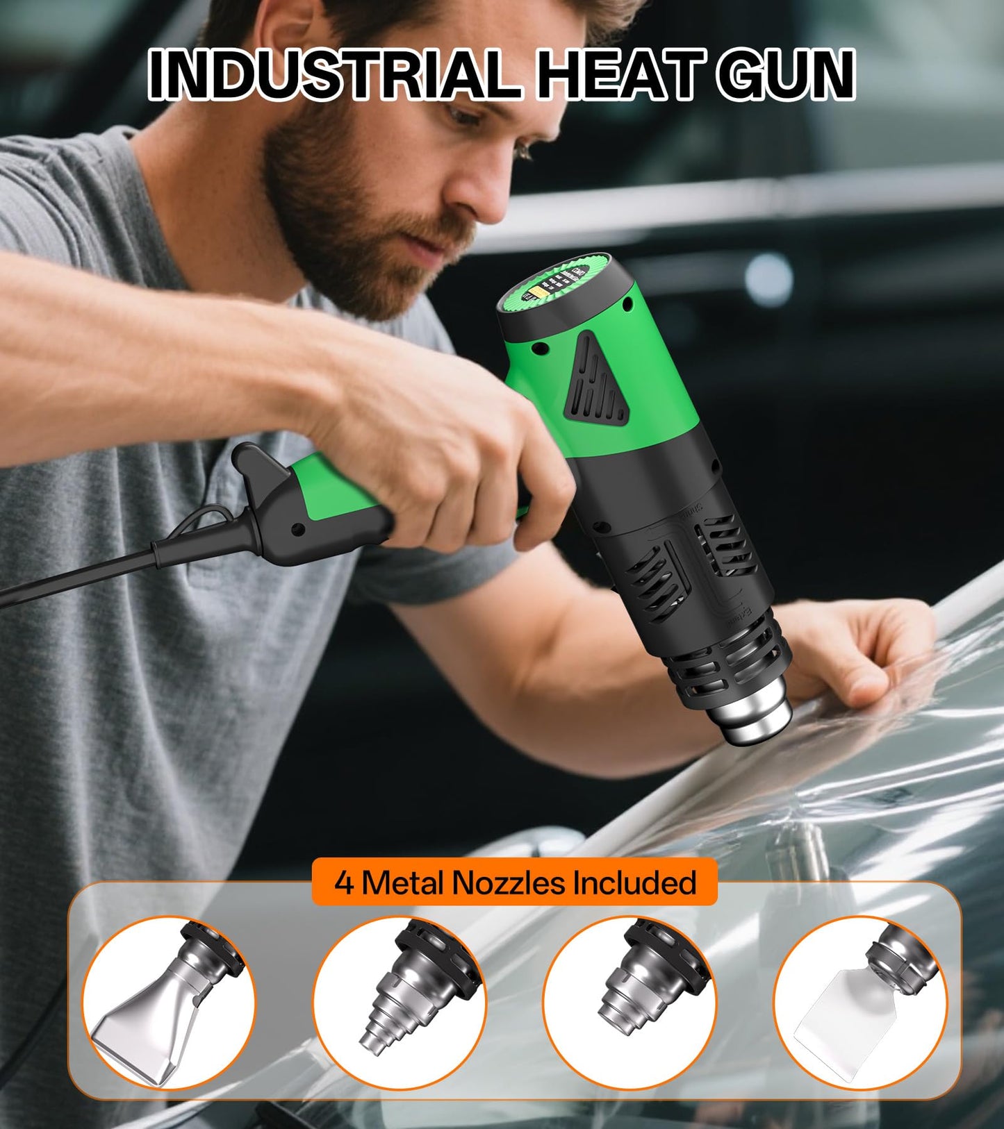 COMTO 1800W Industrial Heat Gun, Fast Heating 122℉-1202℉ Variable Temperature Control Overheat Protection 2 Speed Air Flow with 4 Nozzles for Crafts, Shrinking Tubing, Vinyl Wrap (SG-1004)