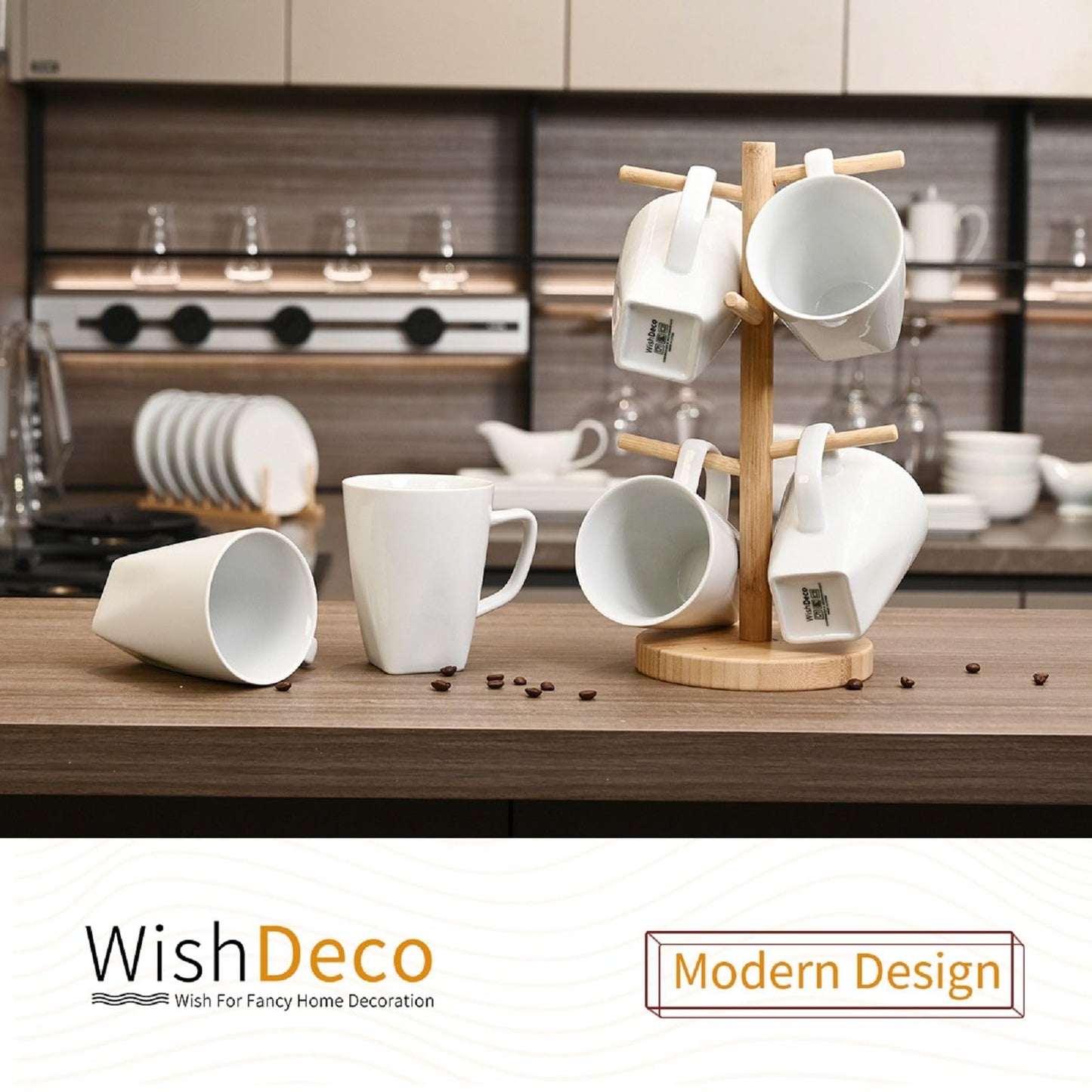 WishDeco White Coffee Mugs Set of 6, Ceramic Coffee Cups 14 oz / 400 ml, Modern Tea Mugs, Porcelain Tea Cups, Large Mug for Latte, Cappuccino, Milk, Juice, Square Bottom, Microwave and Dishwasher Safe