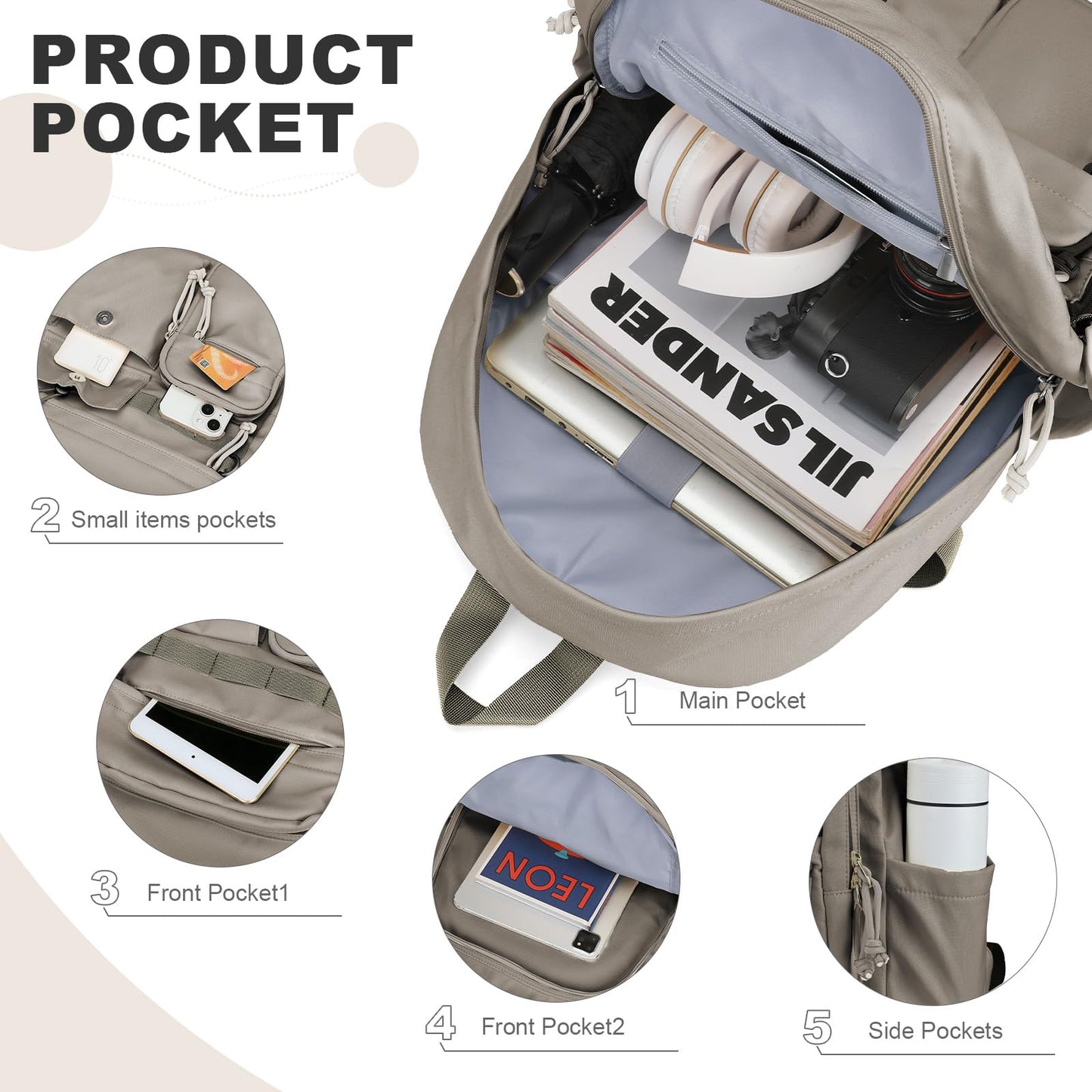 Lightweight Backpack for Women Casual Backpack College High School Bookbag Water Resistant Laptop Bag for Men Travel Daypack for Sports Work C6-Grey Brown